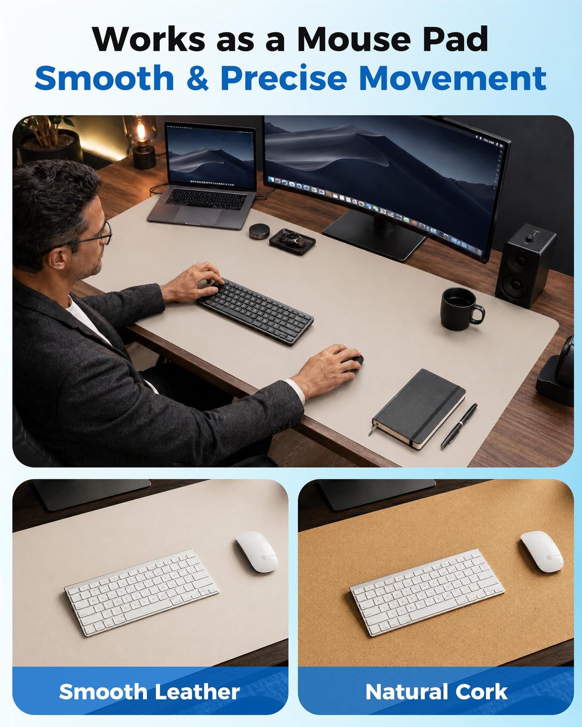 Aothia Dual-Sided Desk Mat, FSC Cork & PU Leather Desk Pad, Large Mouse Pad & Writing Surface for