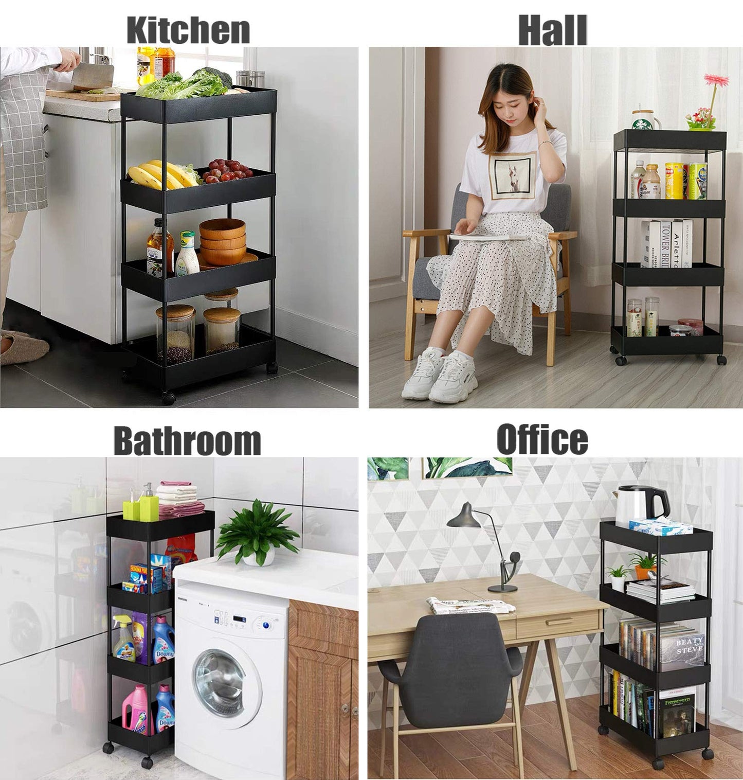 AYVANBER 4 Tier Slim Rolling Utility Kitchen Cart Bathroom Organizer for Narrow Places Multipurpose