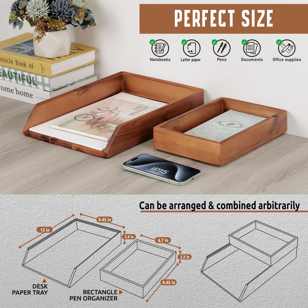 DEMIGO Desk Organizer Letter Tray Set of 2, Natural Acacia Wood Paper Tray
