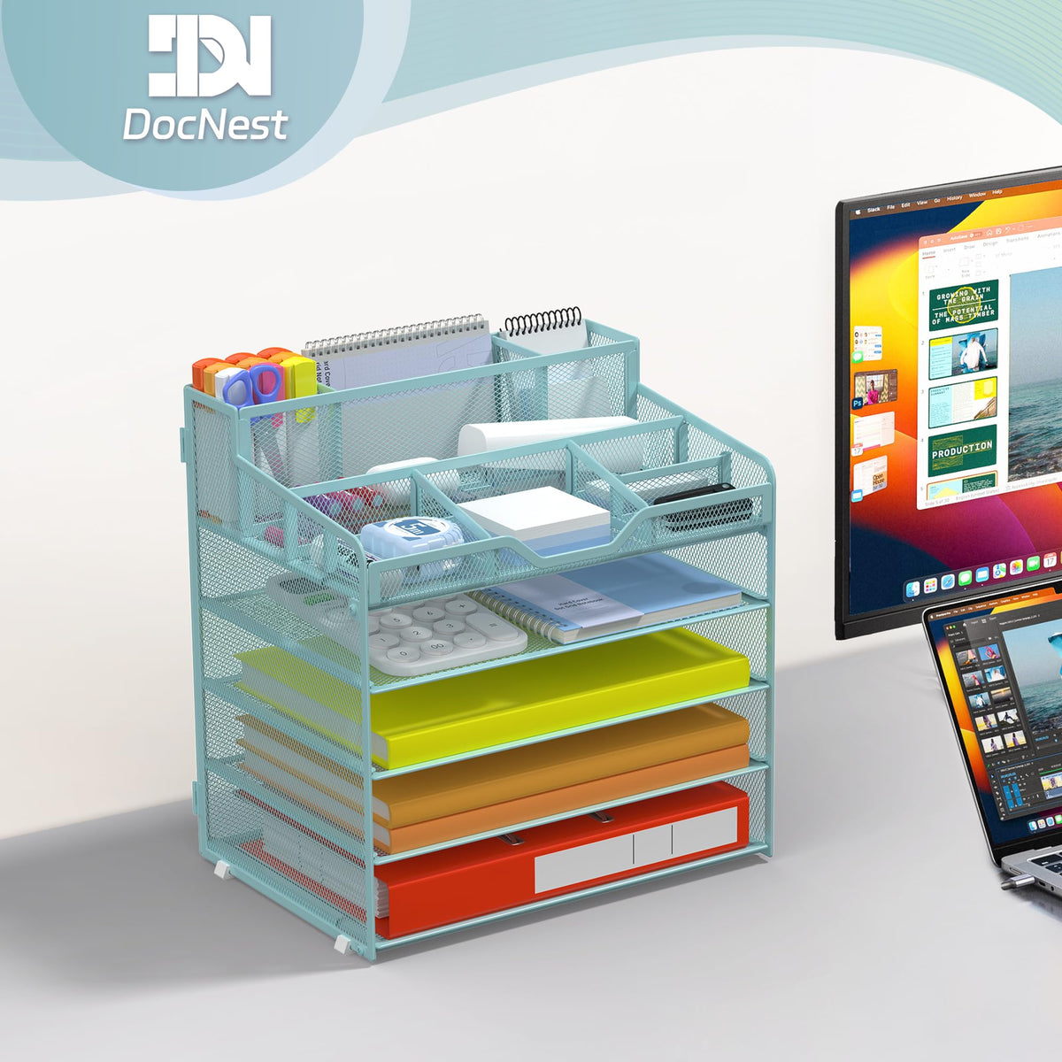 Docnest 5 Tier Mesh Desk Organizer with Letter Tray & Paper Sorter, Blue