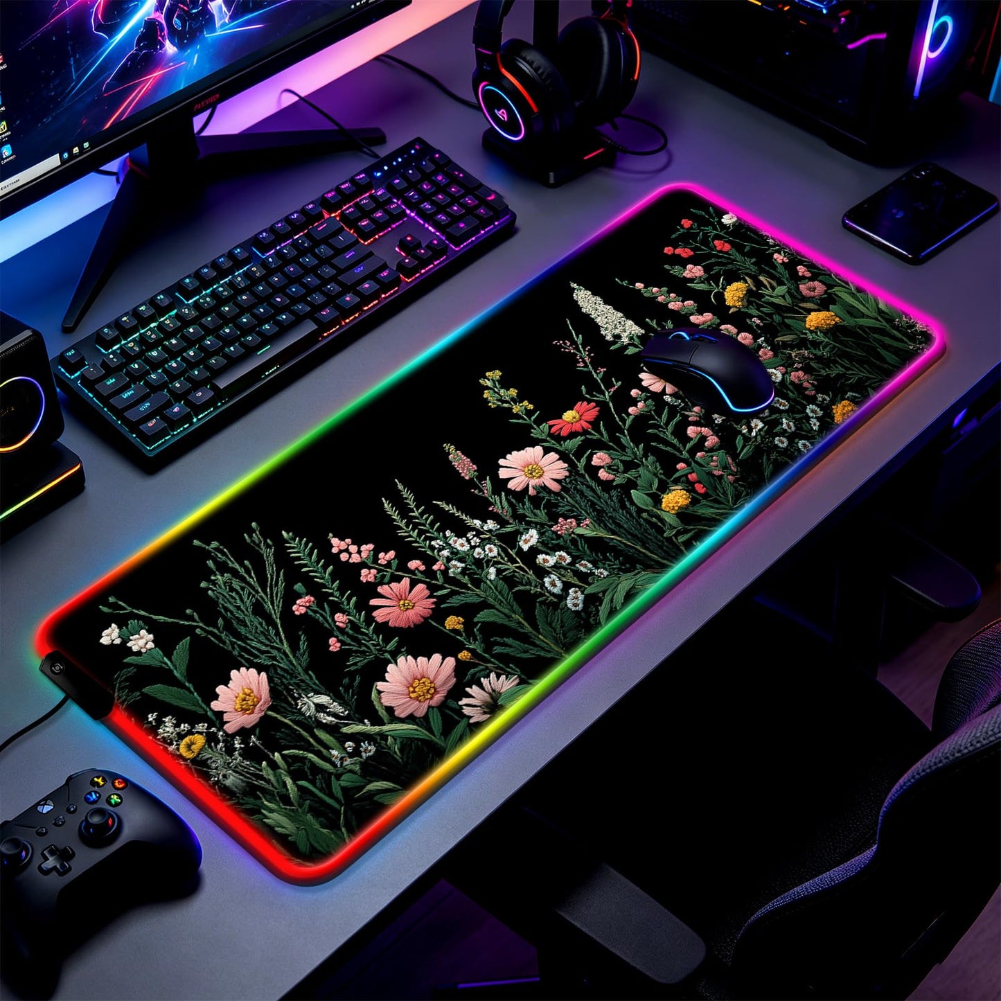 JIANG100 RGB Blooming Wildflowers Gaming Desk Mat & XL Mouse Pad, Black