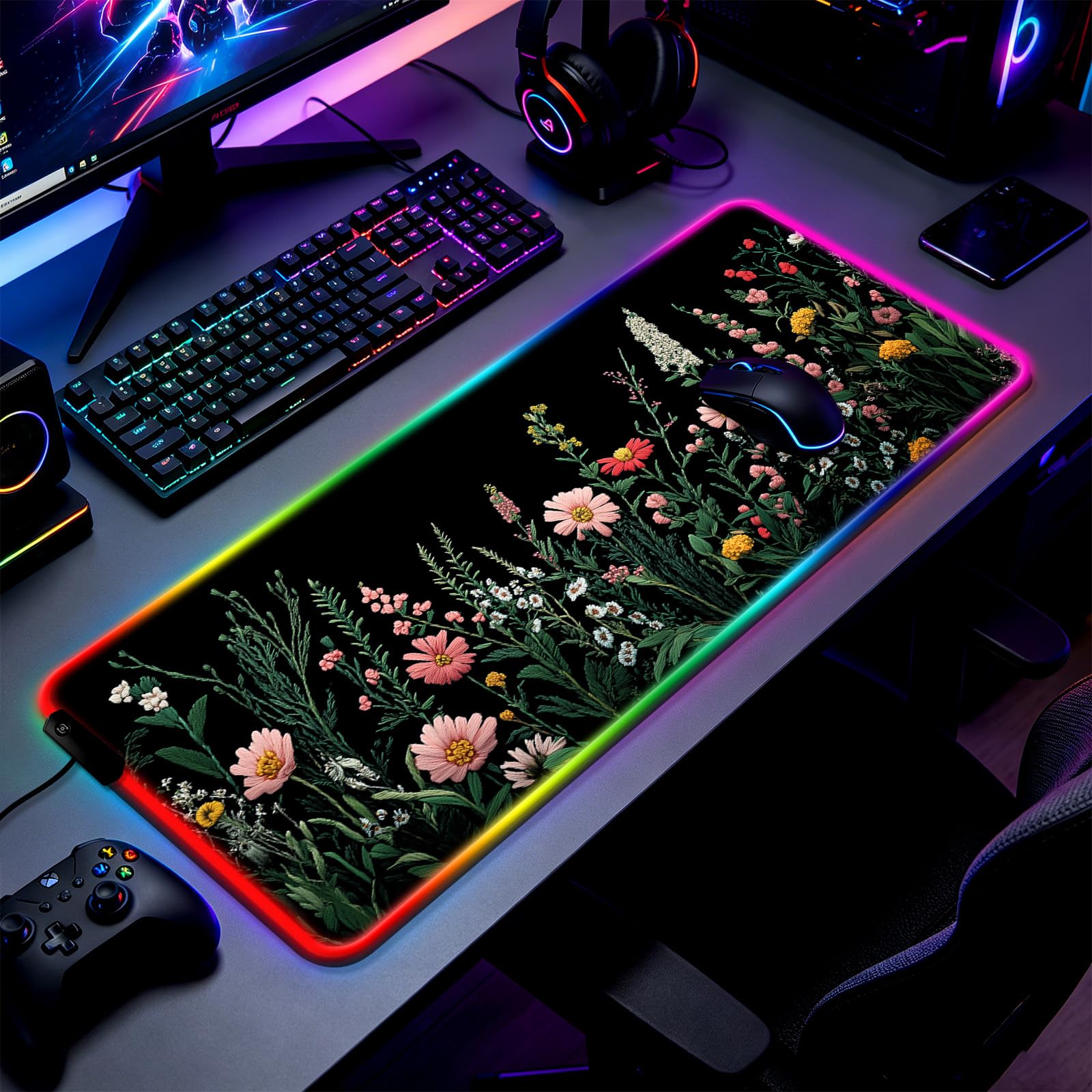 JIANG100 RGB Blooming Wildflowers Gaming Desk Mat & XL Mouse Pad, Black