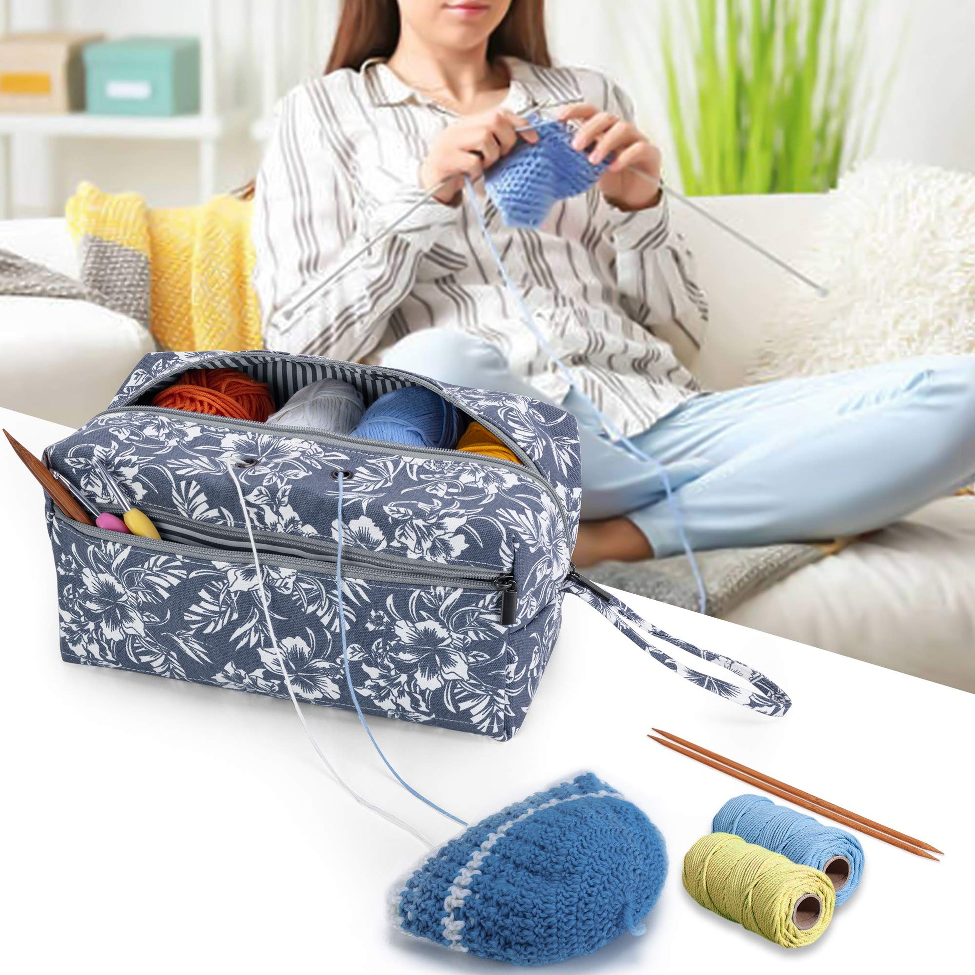 LUXJA Large Yarn Storage Bag for Yarn Skeins, Flowers