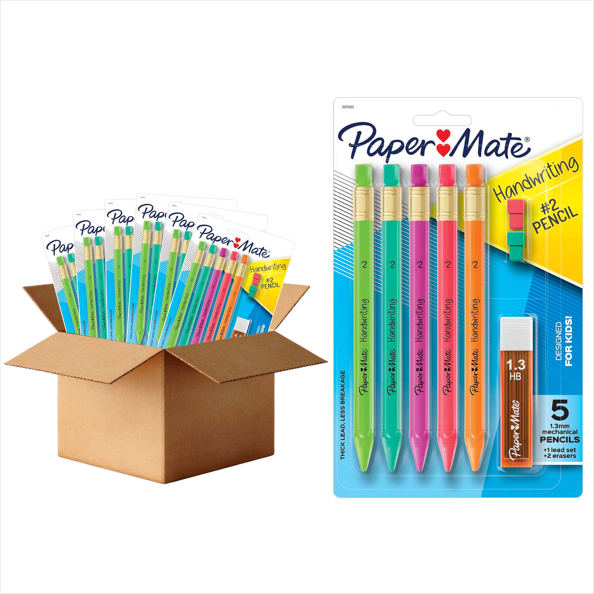 Paper Mate Handwriting Triangular Mechanical Pencils with Lead & Eraser Refills, 1.3mm, Fun Barrel