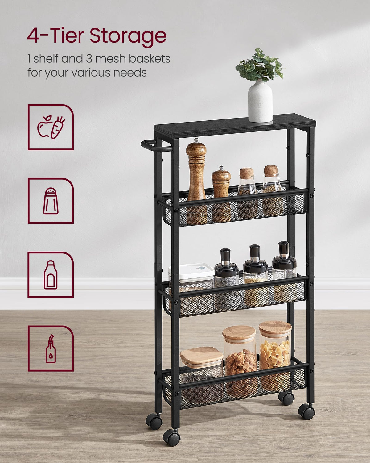 VASAGLE 4-Tier Slim Rolling Storage cart with Wheels, 5.1 Inches, Metal