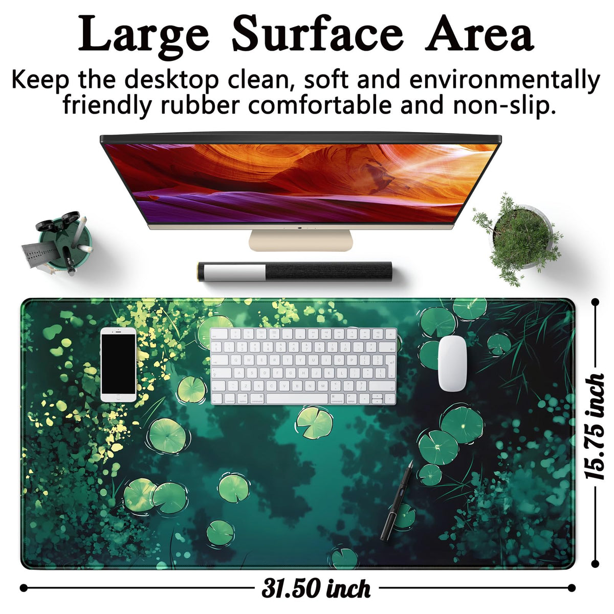 Lily Desk Mat Green Mouse Pad Large Cute Pond Desk Pad Gaming Mousepad XXL 31.5''X15.7'' Plant