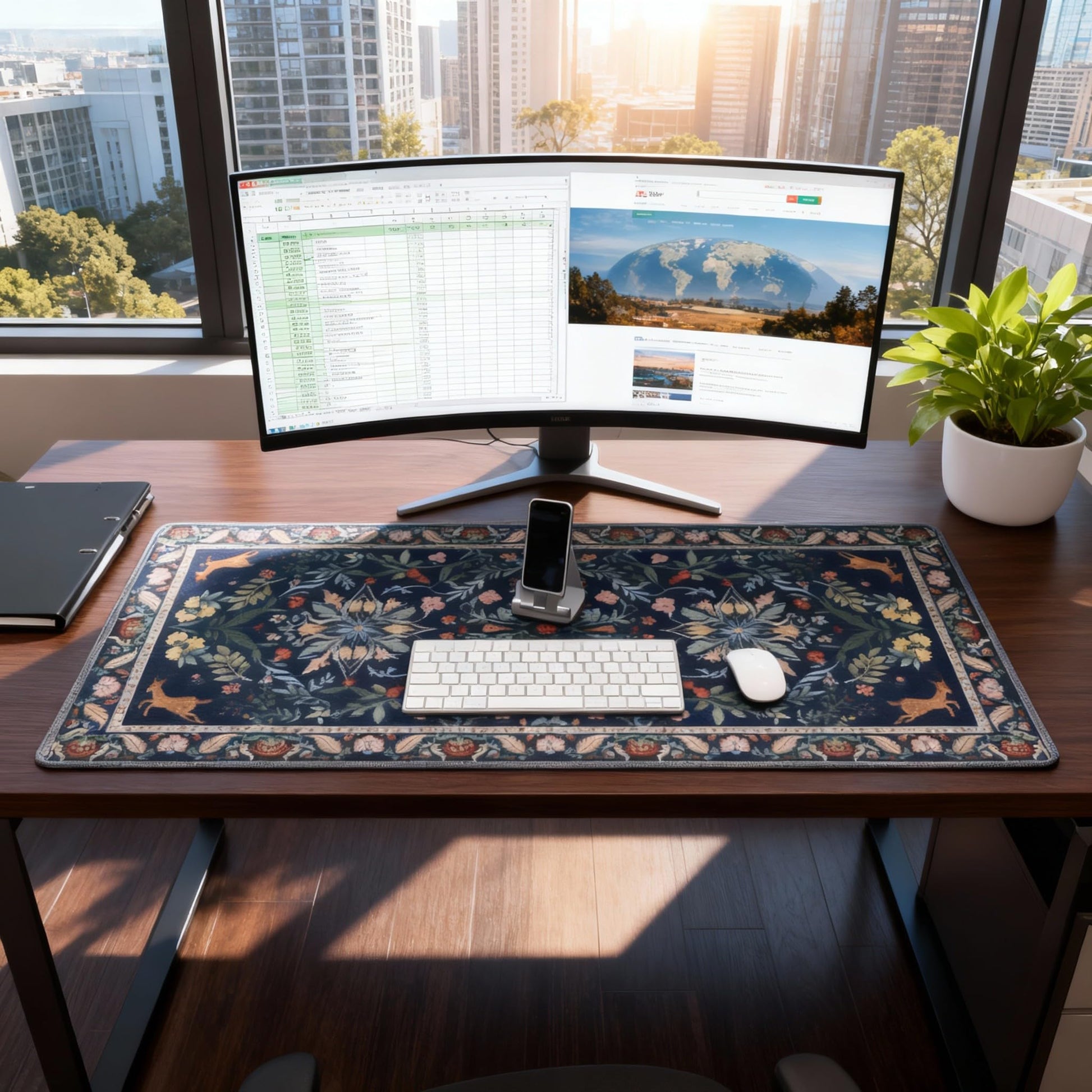 Large Floral Mouse Pad for Women, Navy Blue XXL Desk Mat with Anti-Slip & Stitched Edges, Aesthetic