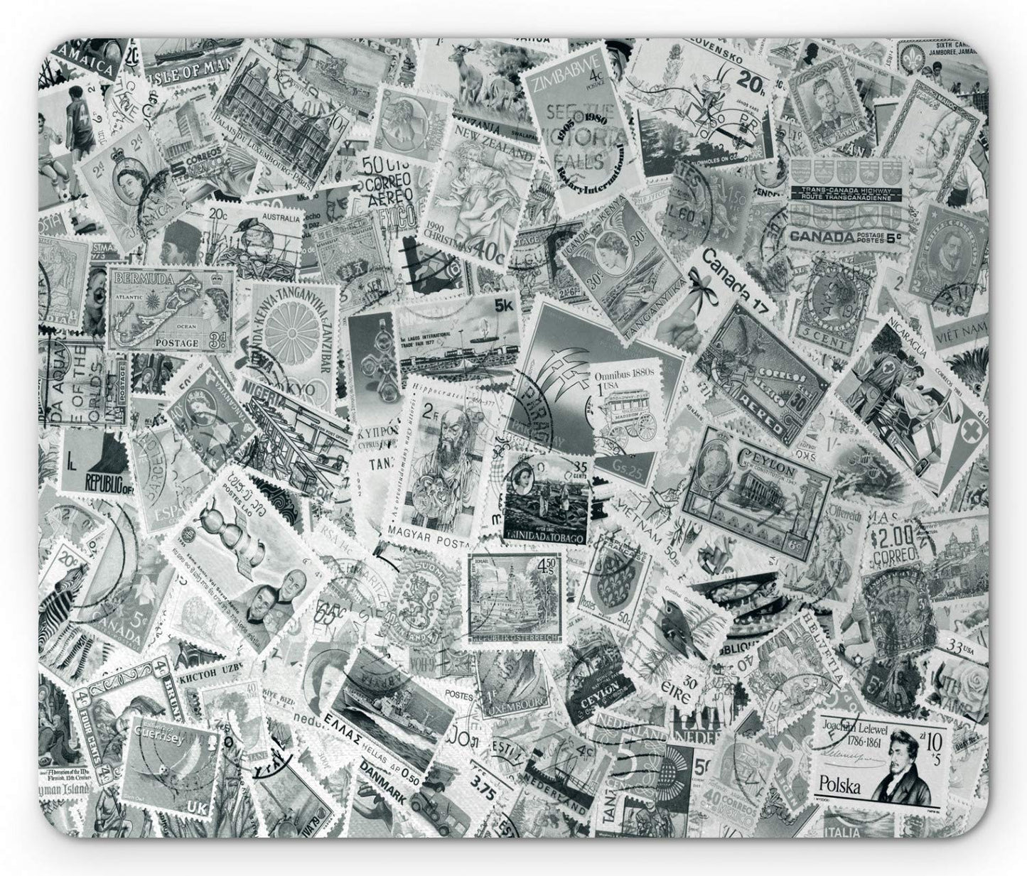Lunarable Modern Mouse Pad, Vintage Black and White Image of Large World Postage Stamps Travel