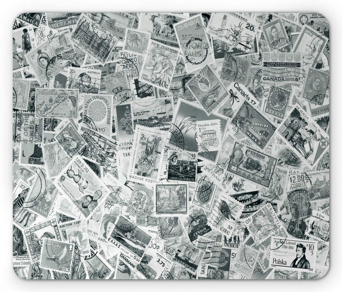 Lunarable Modern Mouse Pad, Vintage Black and White Image of Large World Postage Stamps Travel
