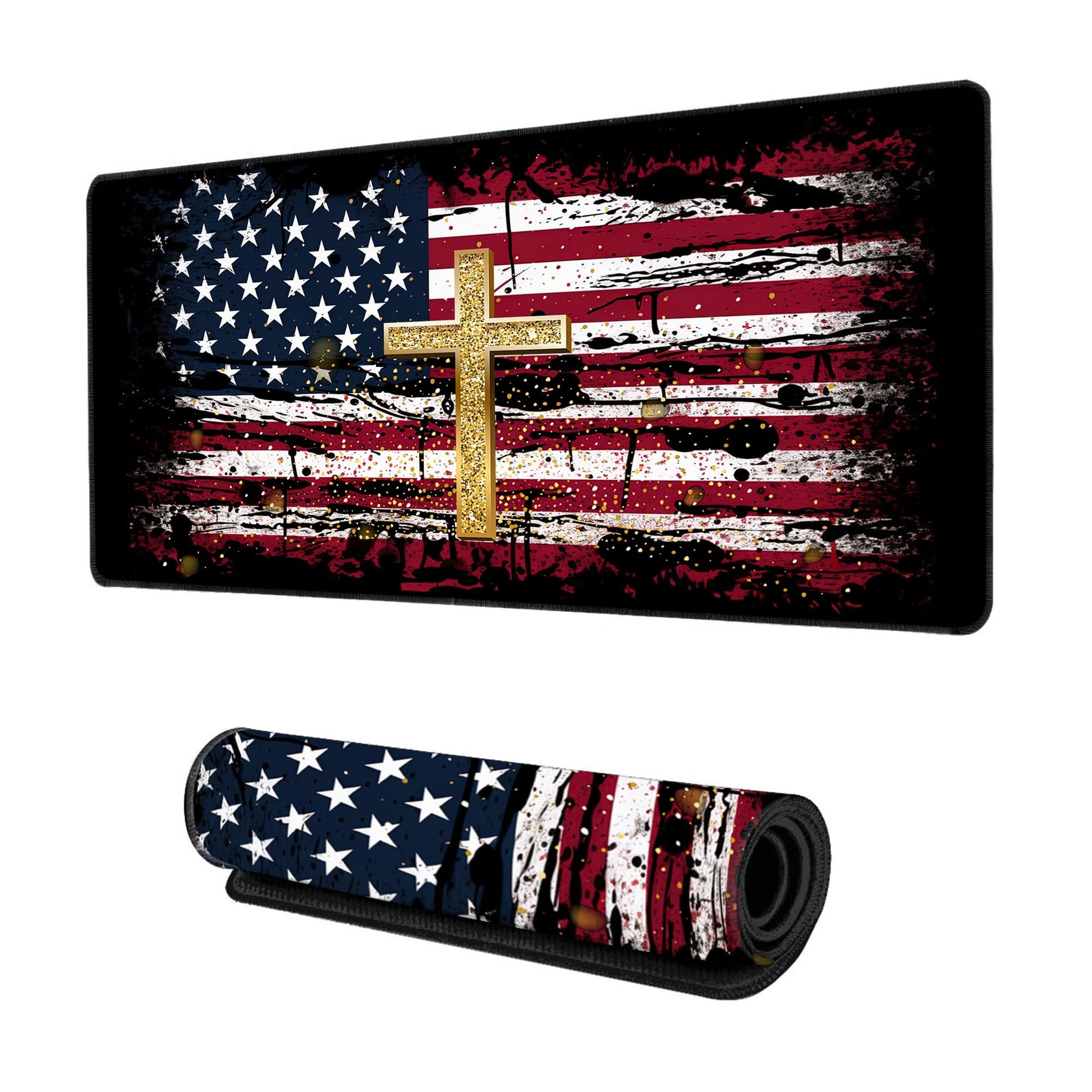 AOWULA Desk Mat,American Flag Jesus Cross Mouse Pad Large Gaming for Desk,Non-Slip Rubber Base