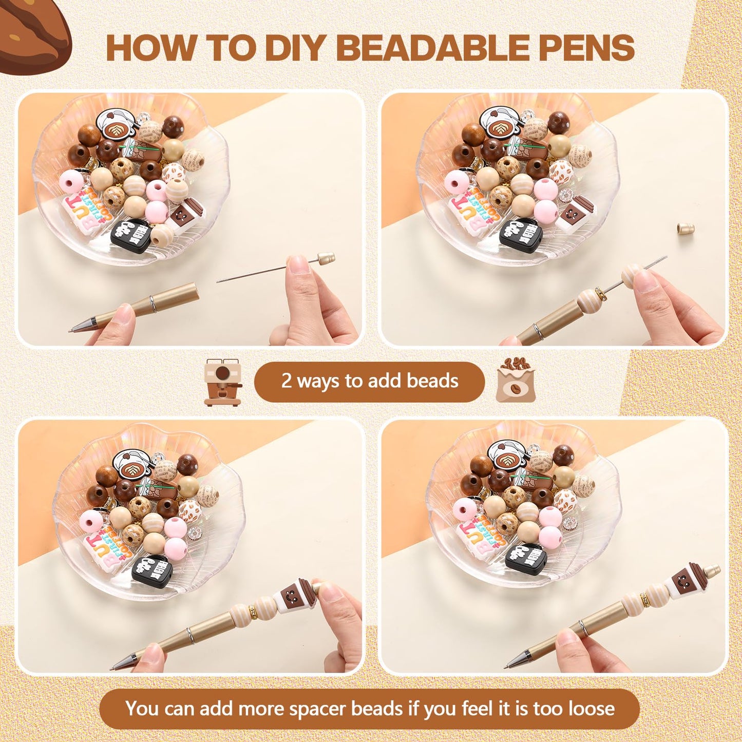 Geyee 12 Set Beadable Pens DIY Bead Pens, Multicolor, Coffee