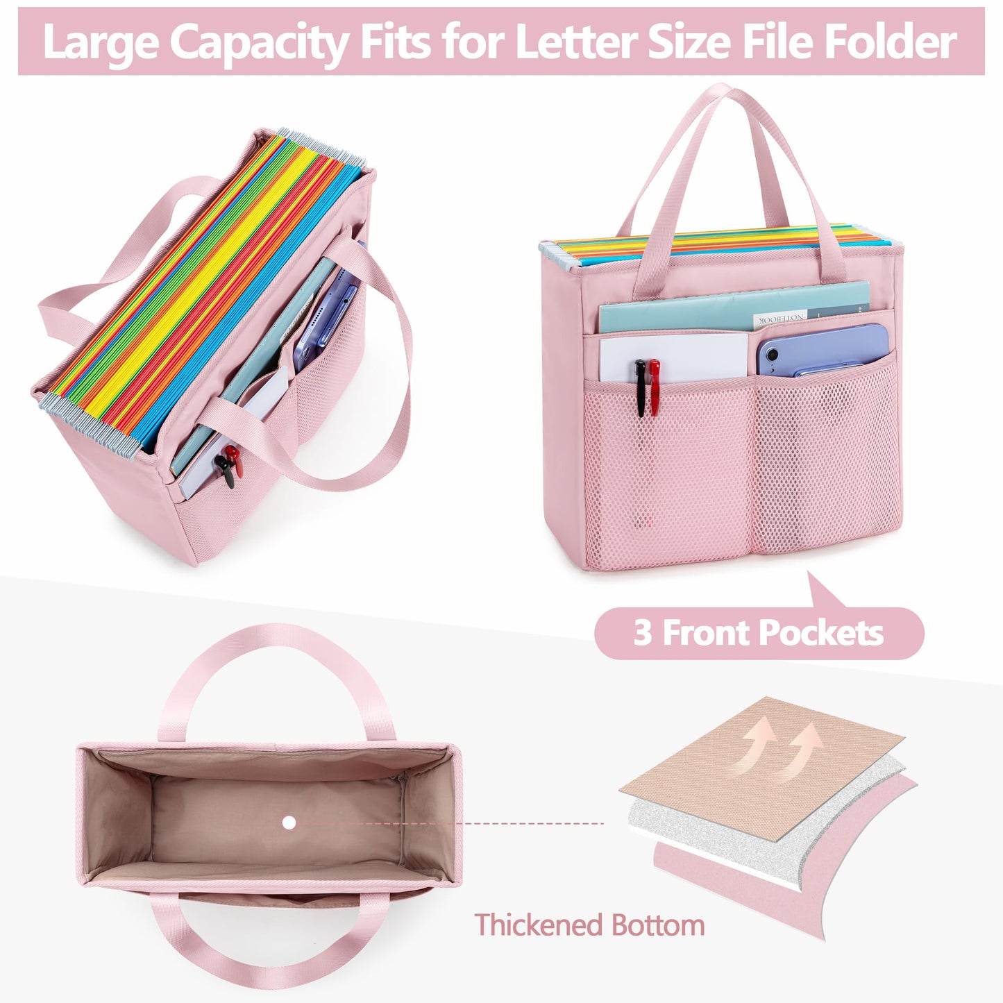 Prokva File Folder Tote Bag with Handle, Document Organizer Box, Pink