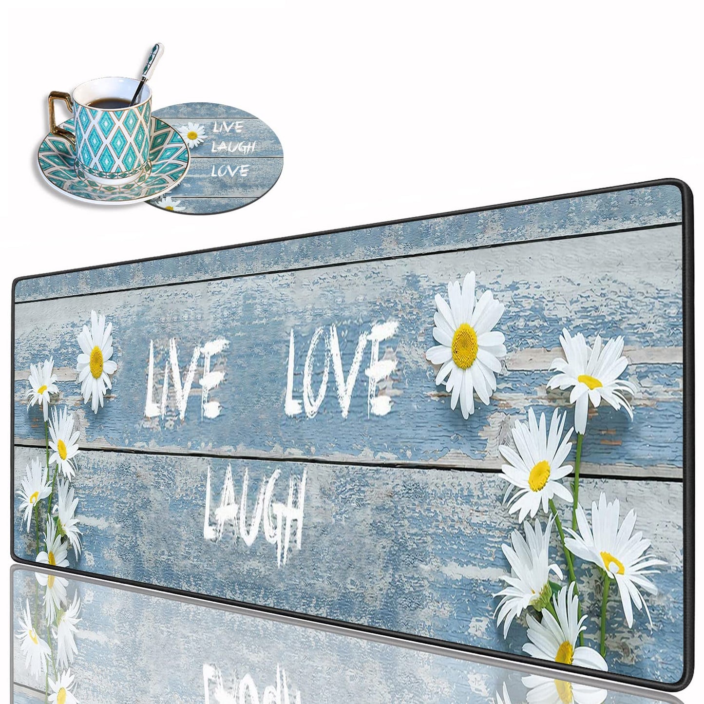 Desk Pad Mat Daisy Dreams XXL Large Mouse Mat with Coasters - Vintage Wood Board & Non-Slip Base