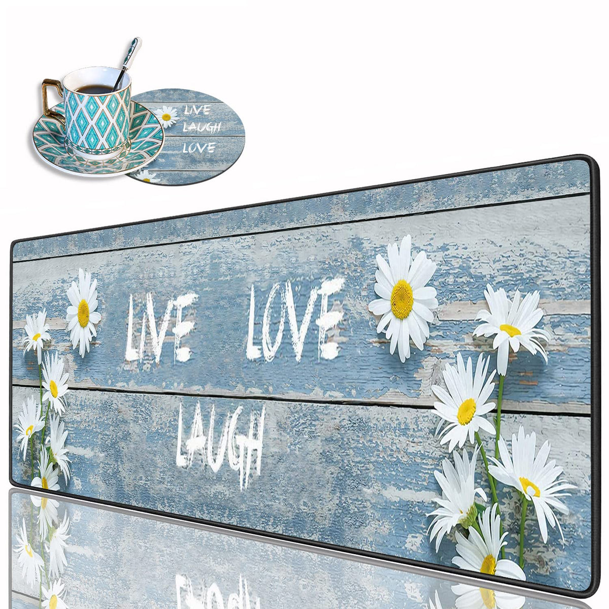 Desk Pad Mat Daisy Dreams XXL Large Mouse Mat with Coasters - Vintage Wood Board & Non-Slip Base