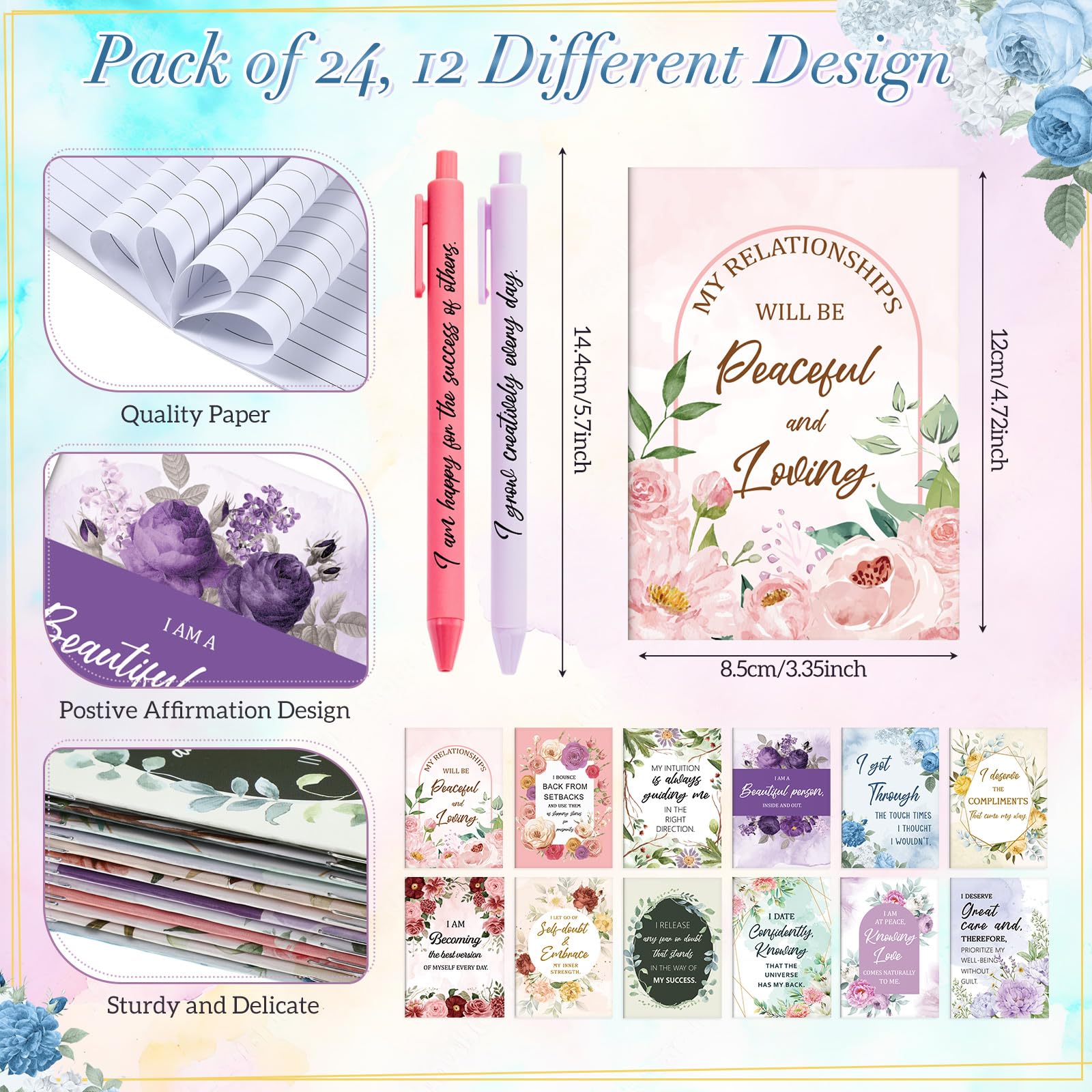 Mooliwe 48 Pcs Affirmation Notebooks Pens Bulk Gifts, Gratitude,Watercolor