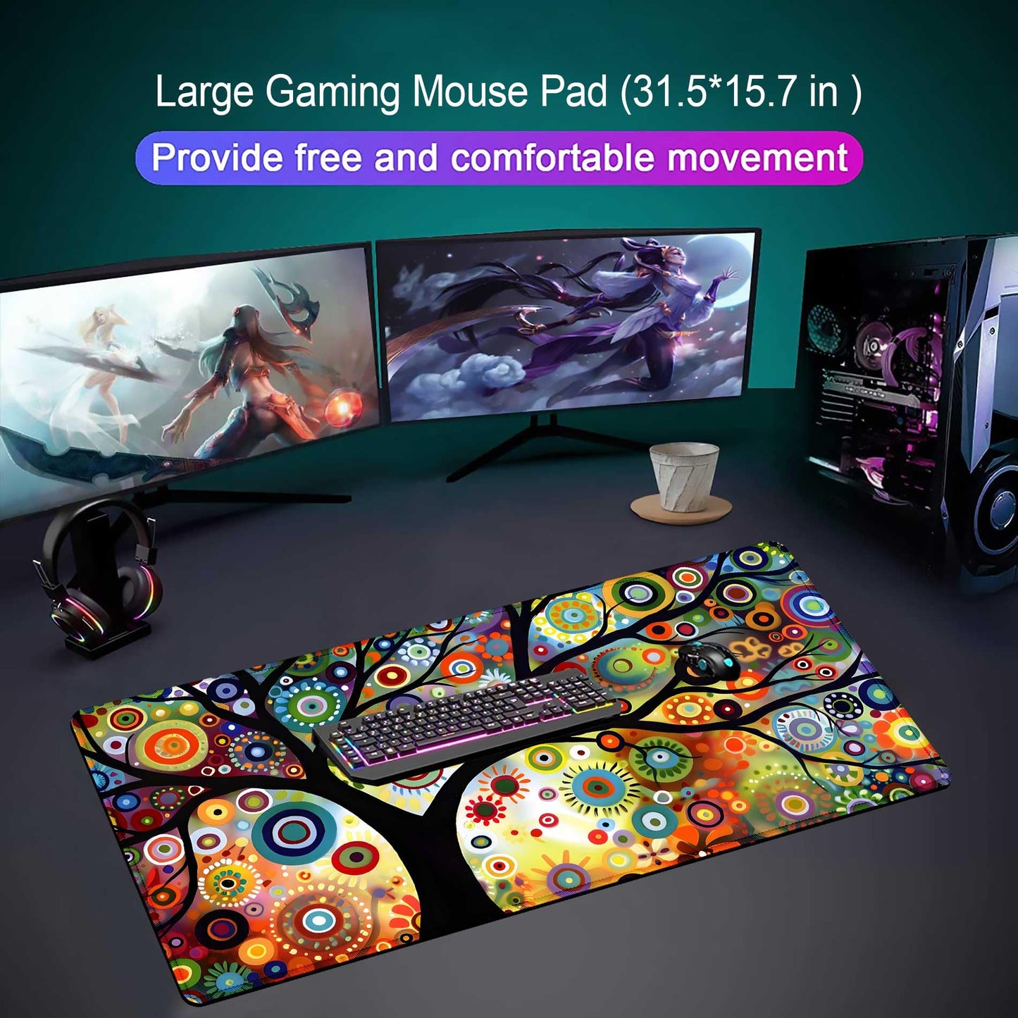 Extra Large Gaming Mouse Pad, Abstract Tree of Life Art Extended Desk Mat, Non-Slip Rubber Base