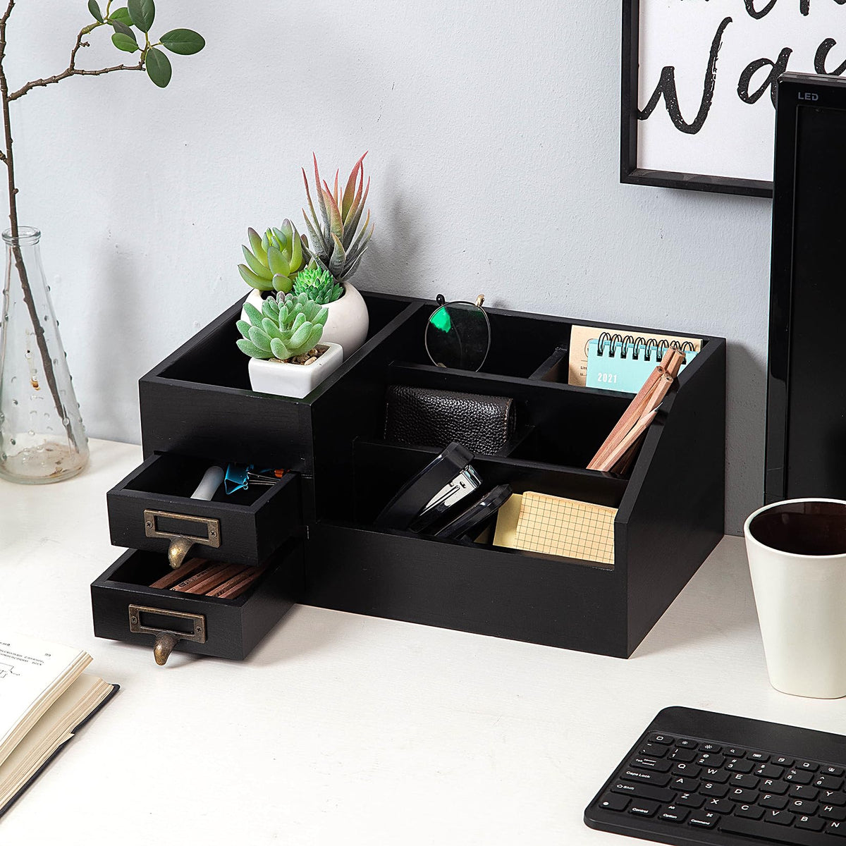 Distressed Rustic Wooden Office Desktop Organizer Wood Shelf Tabletop Home Organizer Storage with