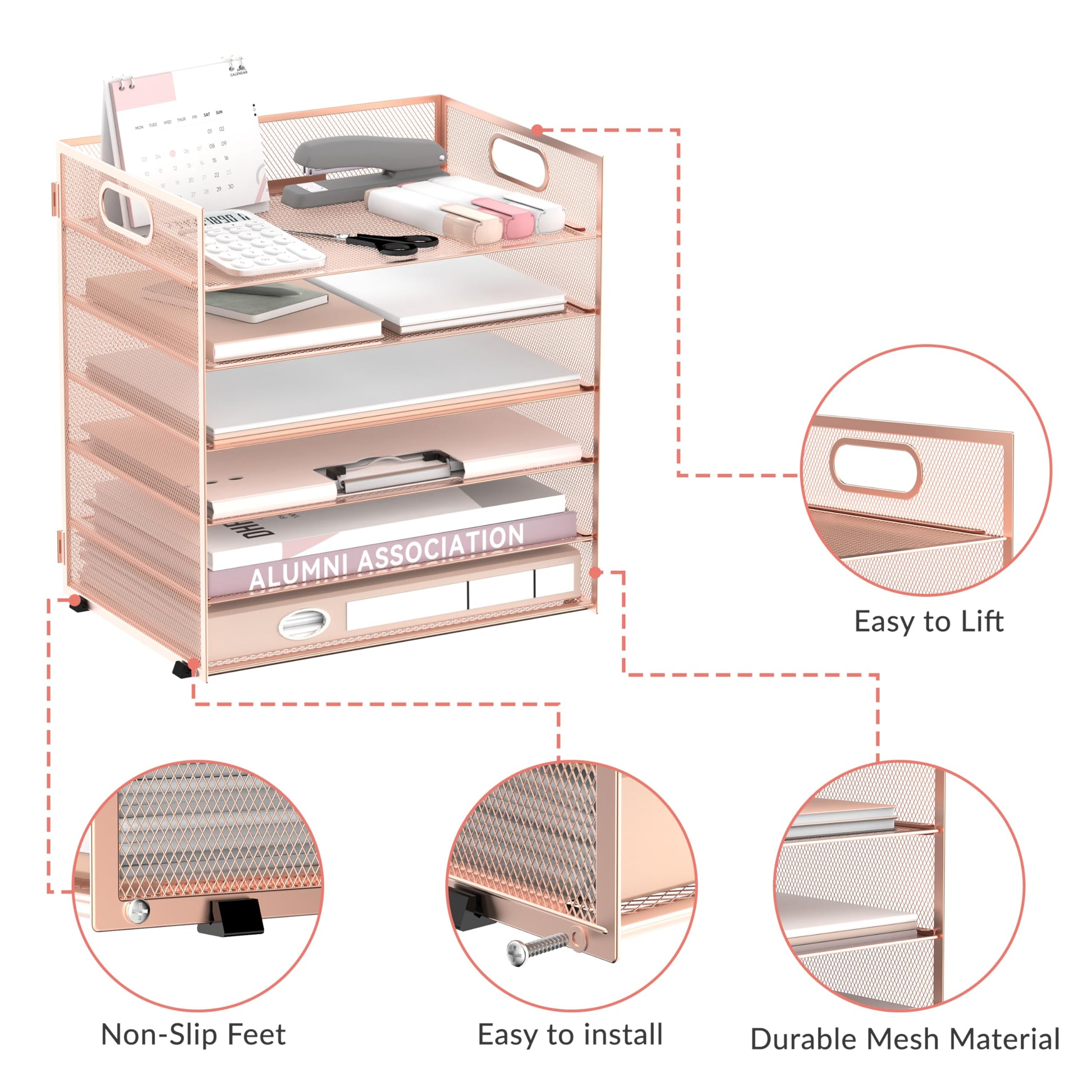 Daltack 6-Tier Paper Organizer for Desk with Handle, Rose Gold, 2 Pack