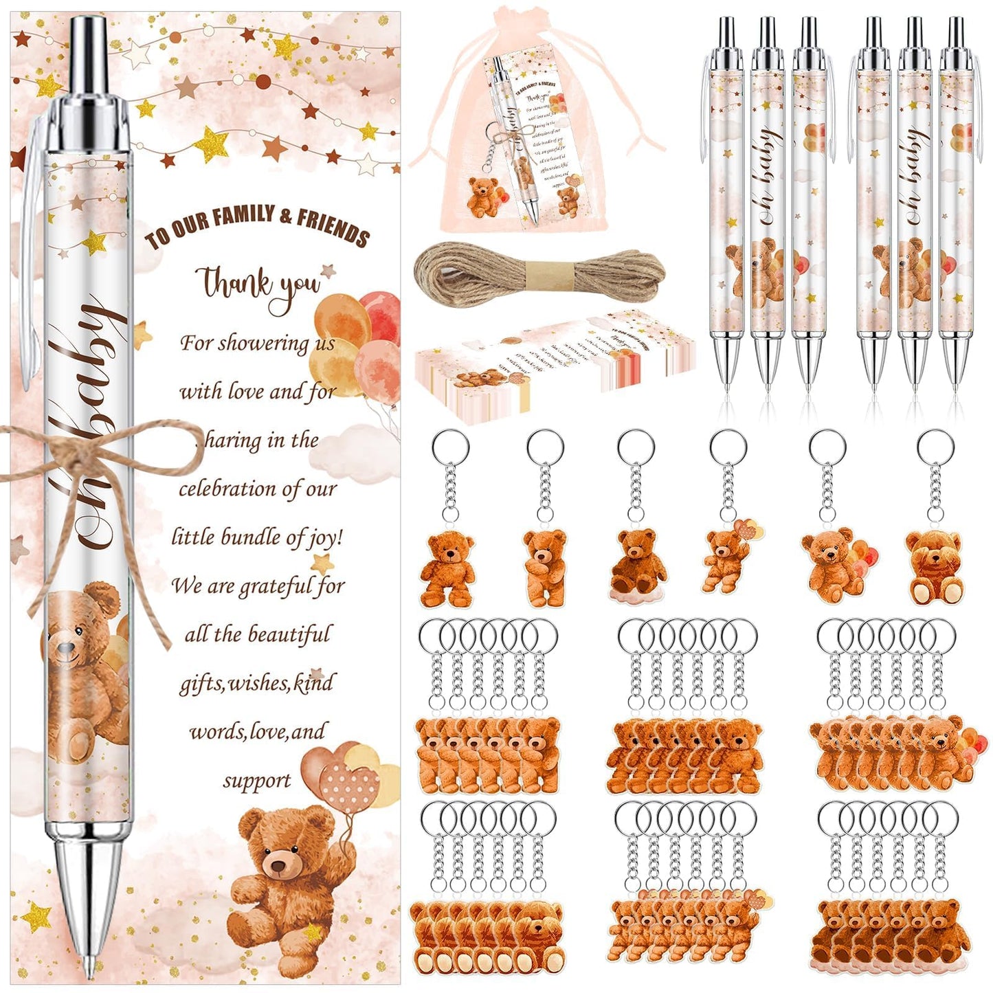 EYNDYN 145 Pieces Baby Shower Favors for Guest Brown Teddy Bear Ballpoint Pens and Keychains Gifts