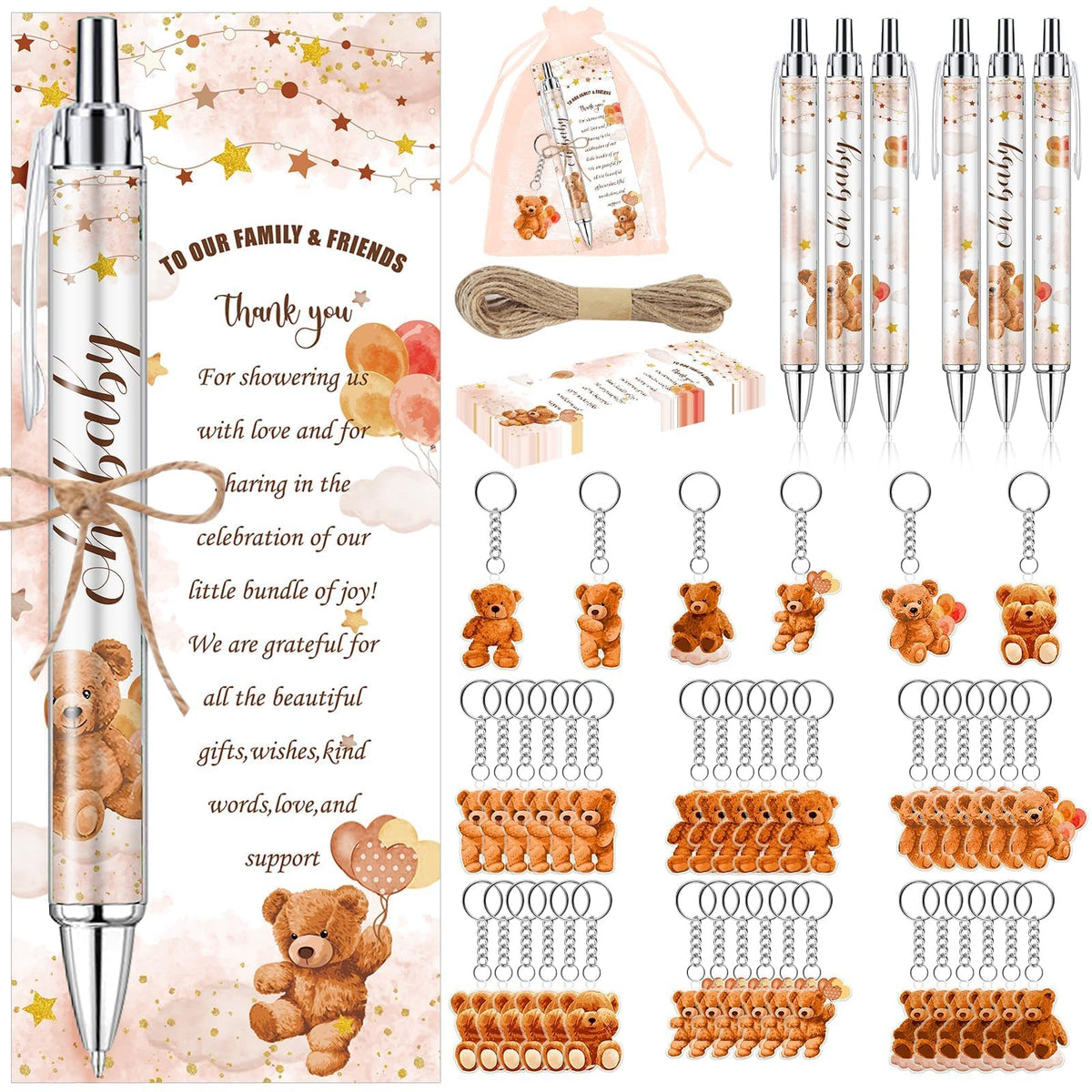 EYNDYN 145 Pieces Baby Shower Favors for Guest Brown Teddy Bear Ballpoint Pens and Keychains Gifts