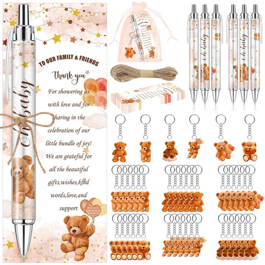 EYNDYN 145 Pieces Baby Shower Favors for Guest Brown Teddy Bear Ballpoint Pens and Keychains Gifts