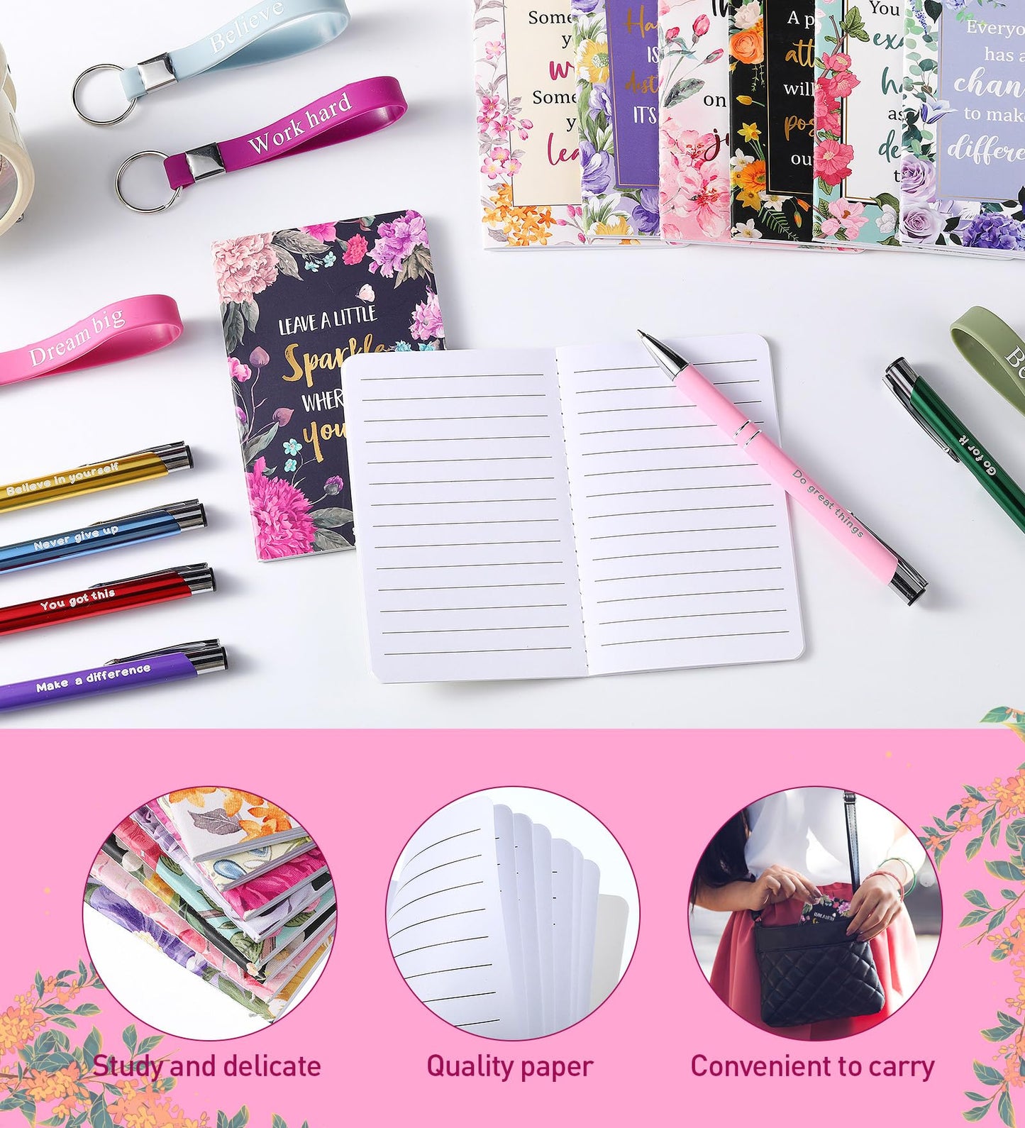 PerKoop 48 Pcs Inspirational Gifts Bulk Motivational Notepads Ballpoint Pens Keychains Set Floral