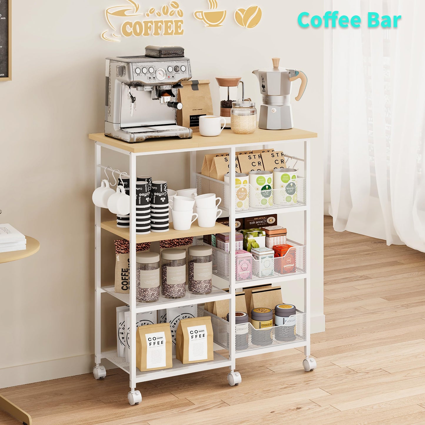 HapiRm Rolling Kitchen Carts with Storage - Microwave Table Stand with 6 Hooks & 3 Baskets, kitchen