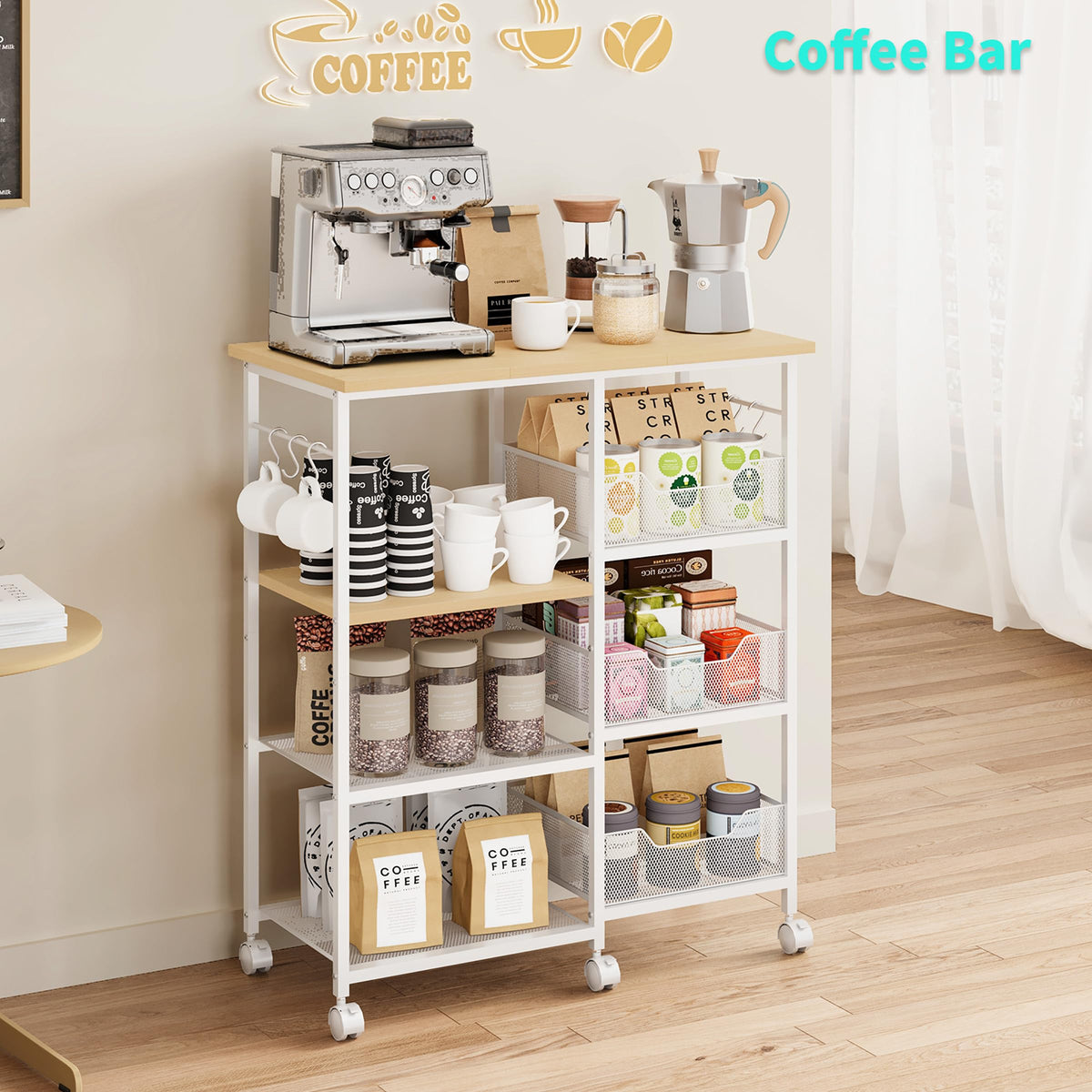 HapiRm Rolling Kitchen Carts with Storage - Microwave Table Stand with 6 Hooks & 3 Baskets, kitchen