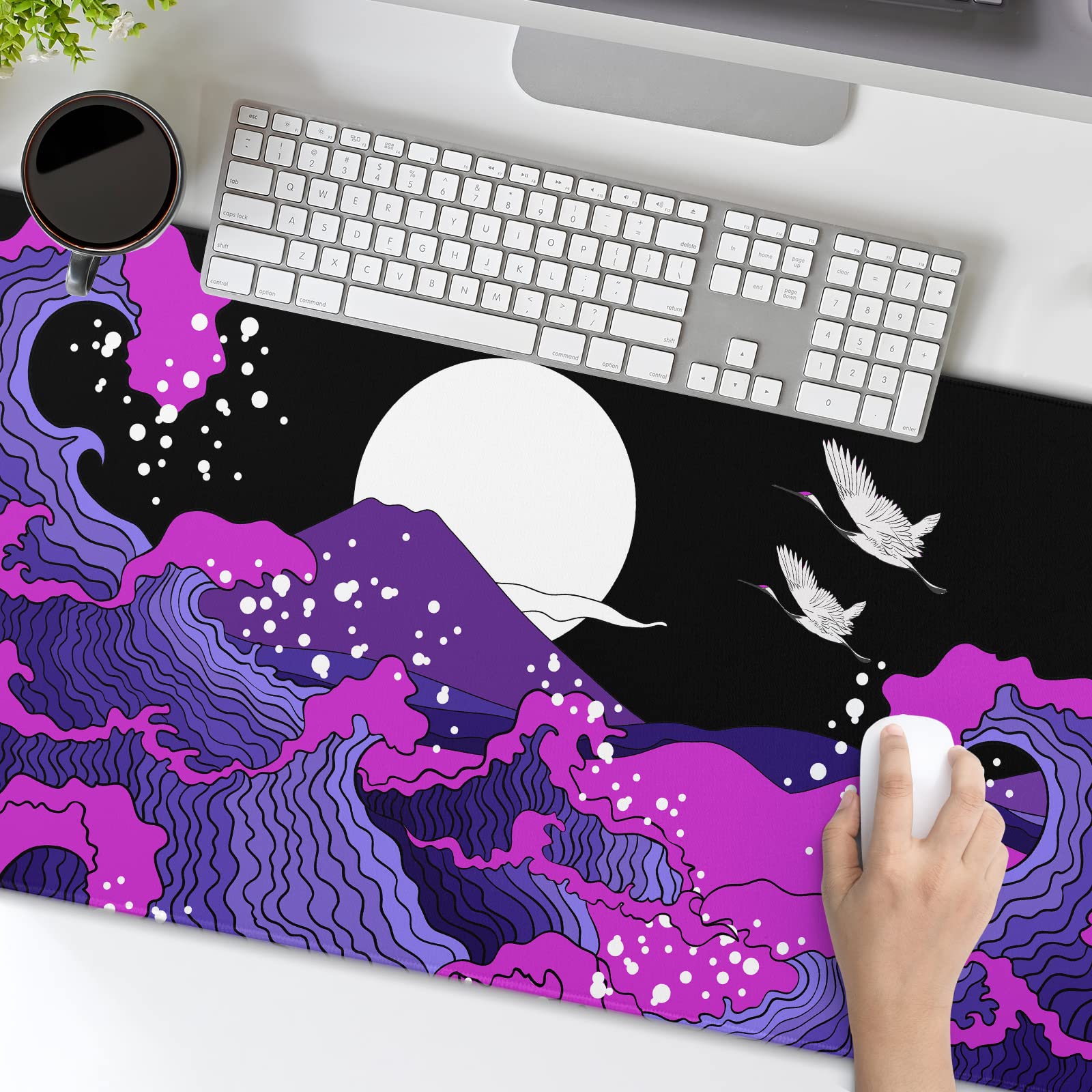 Japanese Balck Blue Purple Wave Gaming Mouse Pad 35.4 X 15.7 Inch XXL Cool Style Art Design Full