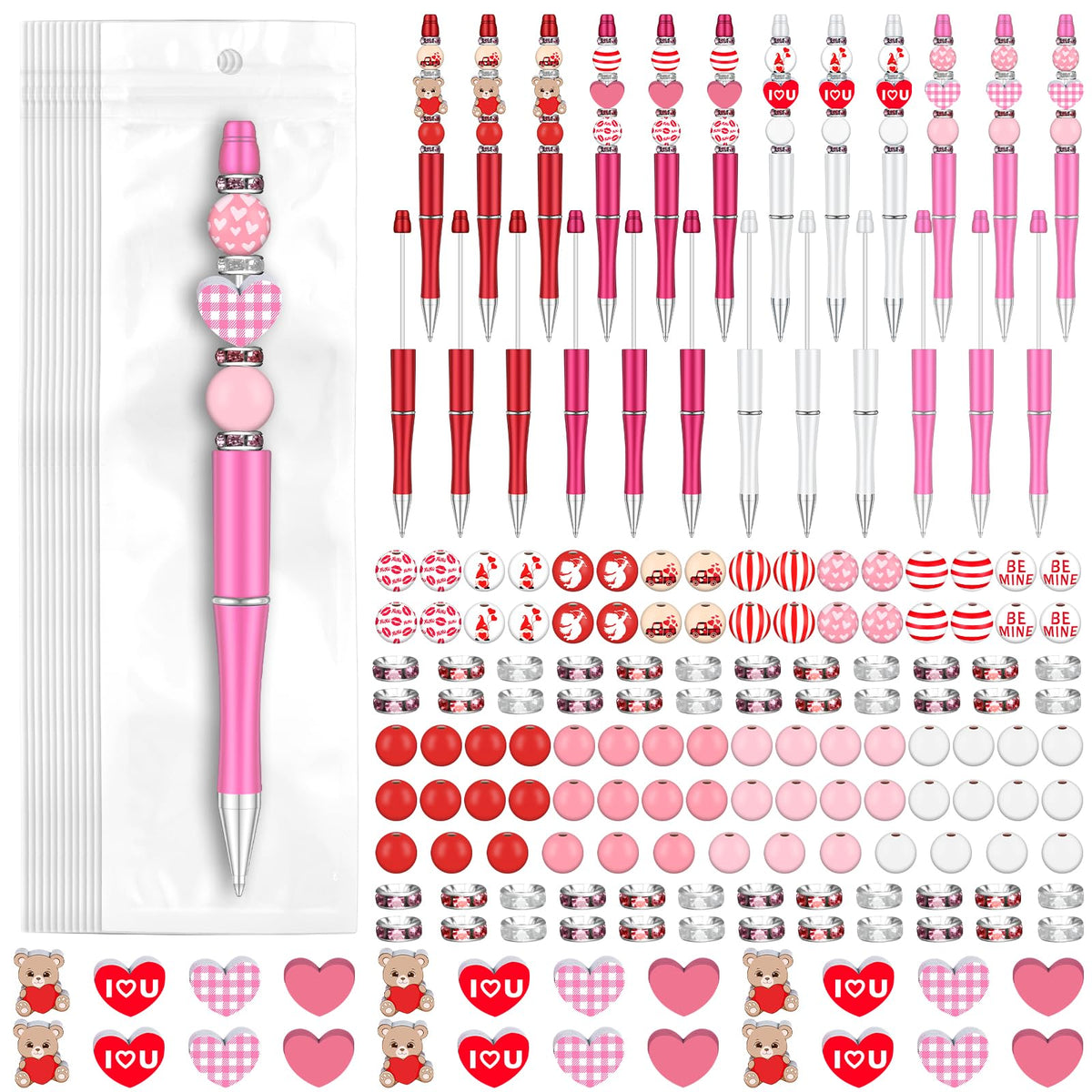 Zhanmai 197 Pcs Valentine‘s Day DIY Beadable Pens Kit 24 Plastic Ballpoint Pen with 101 Assorted