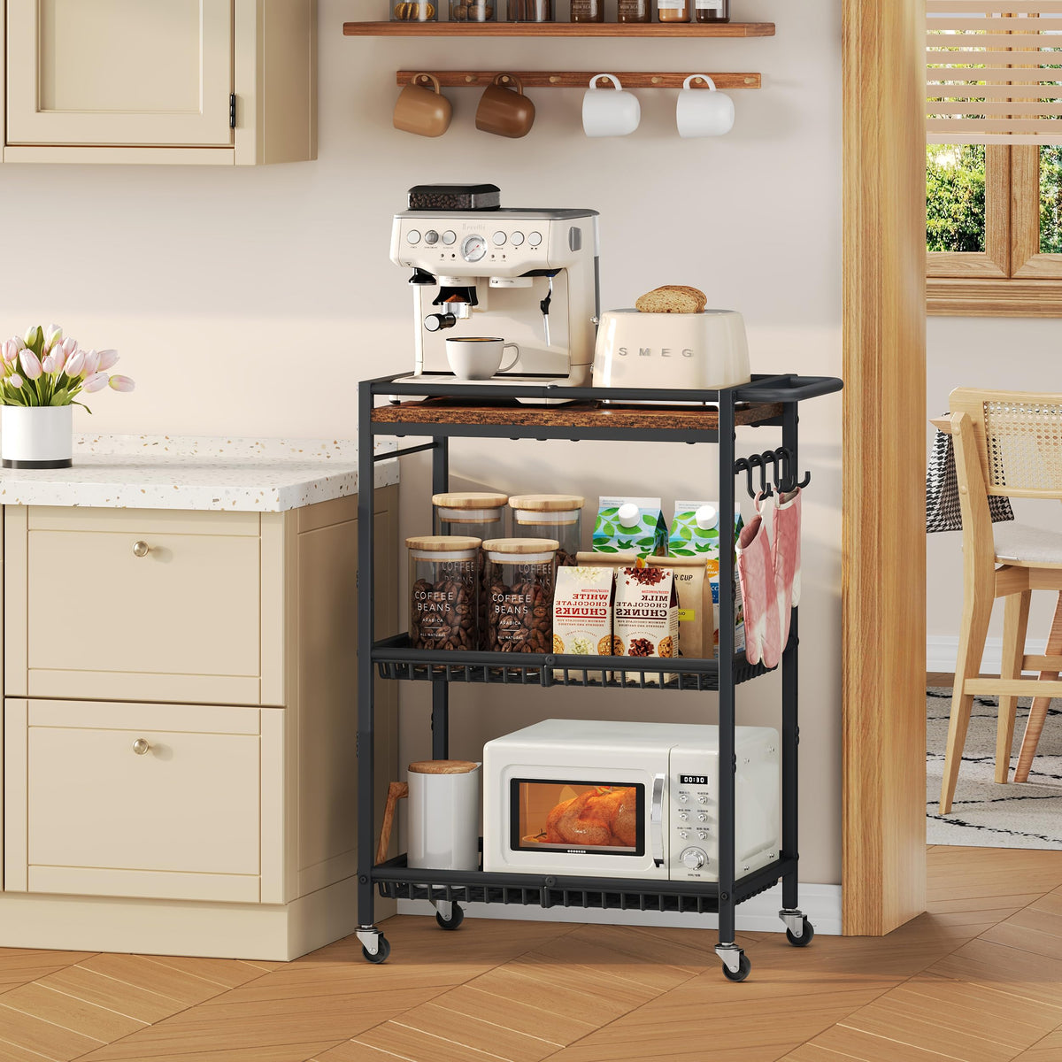 Microwave Kitchen Rolling Cart, 35.43" H Microwave Table Stand with Lockable Wheels, Utility Cart