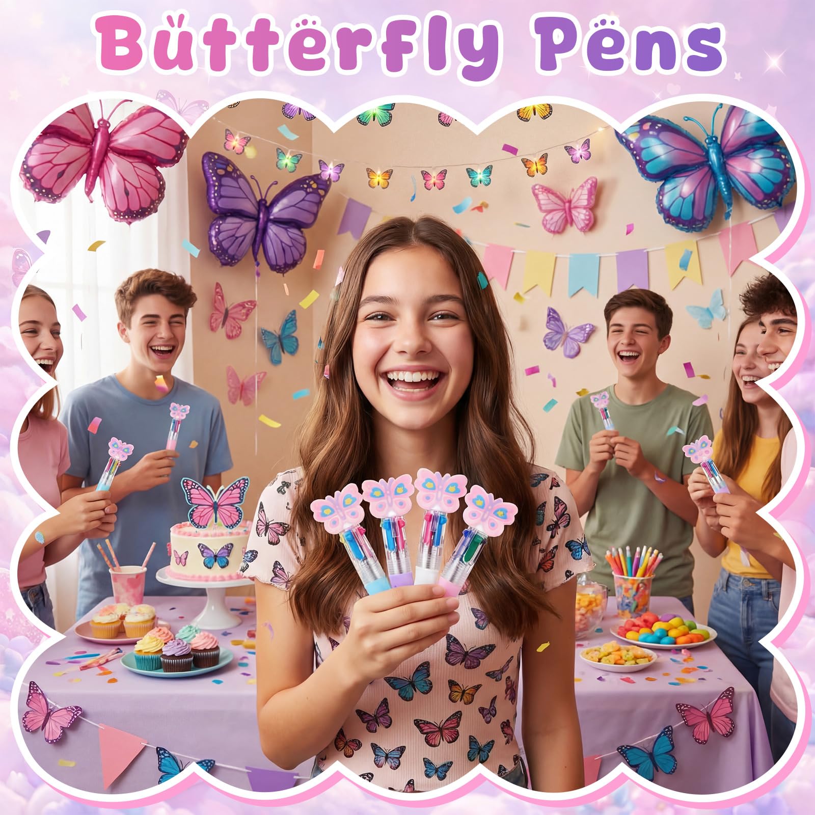 Kosiz 24 Pack Butterfly Party Favors Multicolor 4 in 1 0.5mm Ballpoint Pen