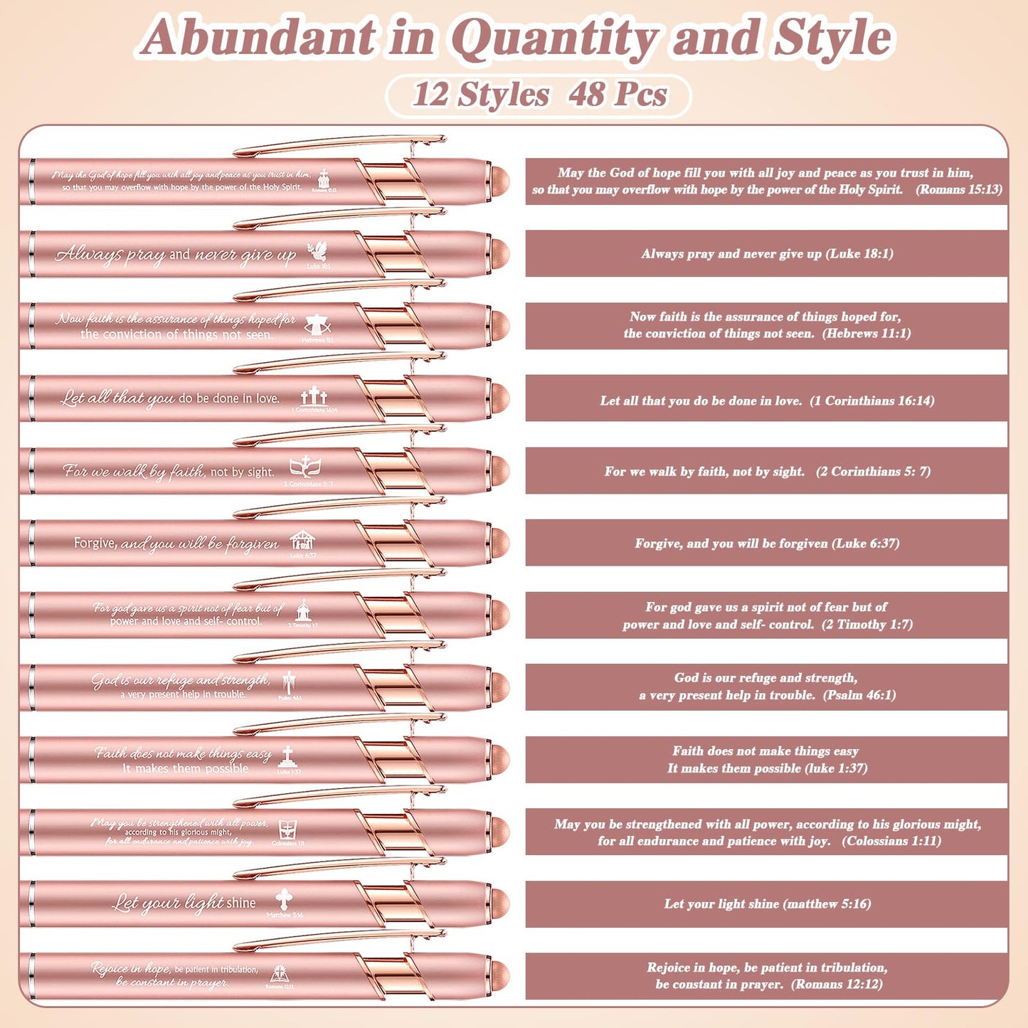 Chuangdi 48 Pcs Bible Verse Pens Bulk Black Ink Pens, Rose Gold