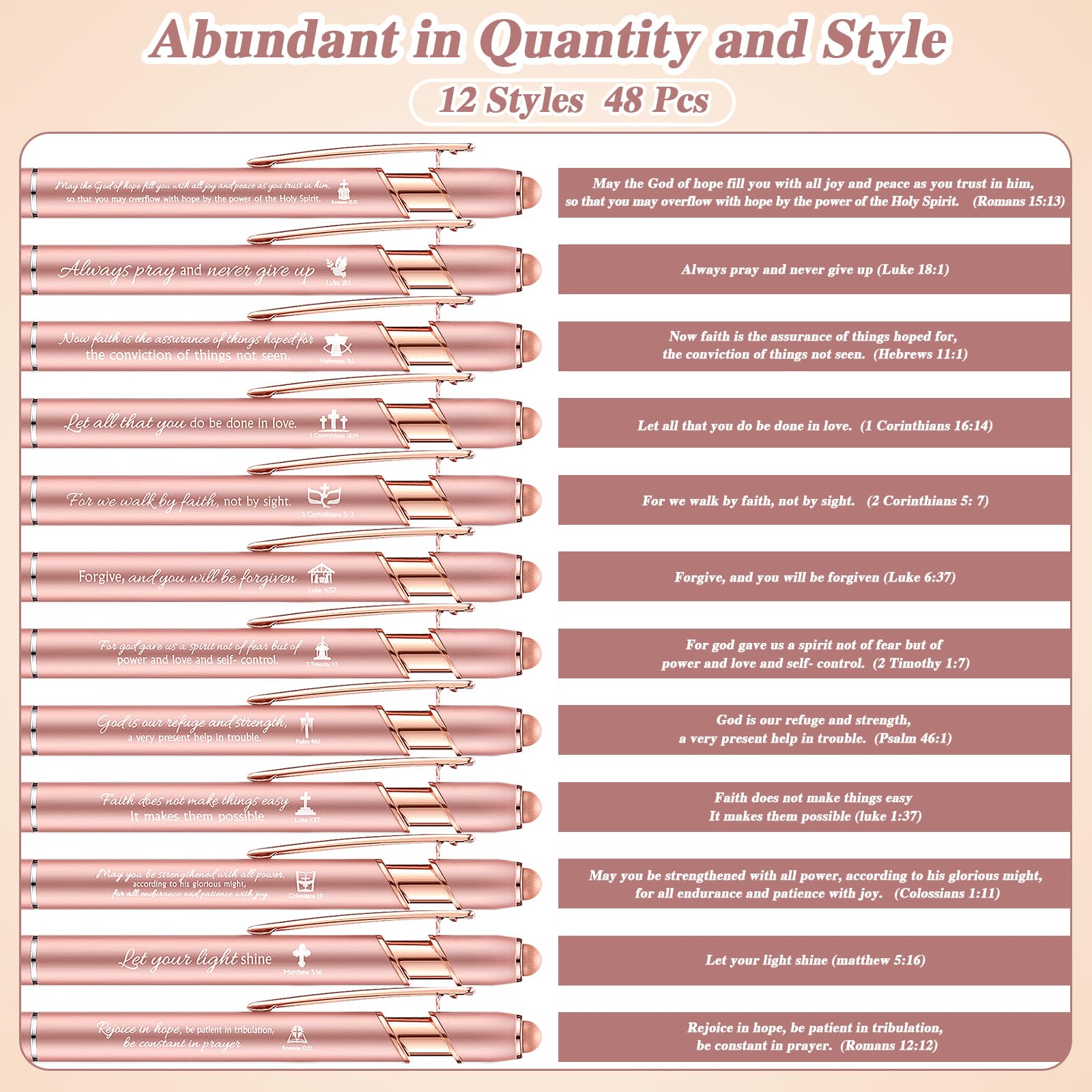 Chuangdi 48 Pcs Bible Verse Pens Bulk Black Ink Pens, Rose Gold