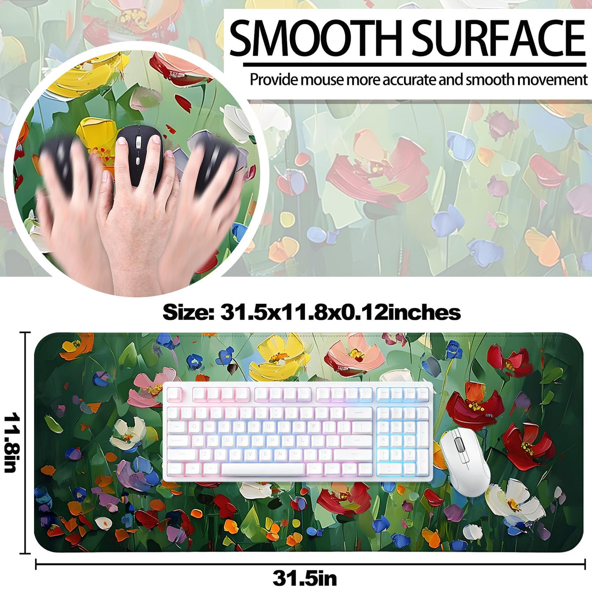 Abstract Green Wildflower Gaming Desk Mat, Computer Keyboard Large Extended Long Floral Mouse Pad