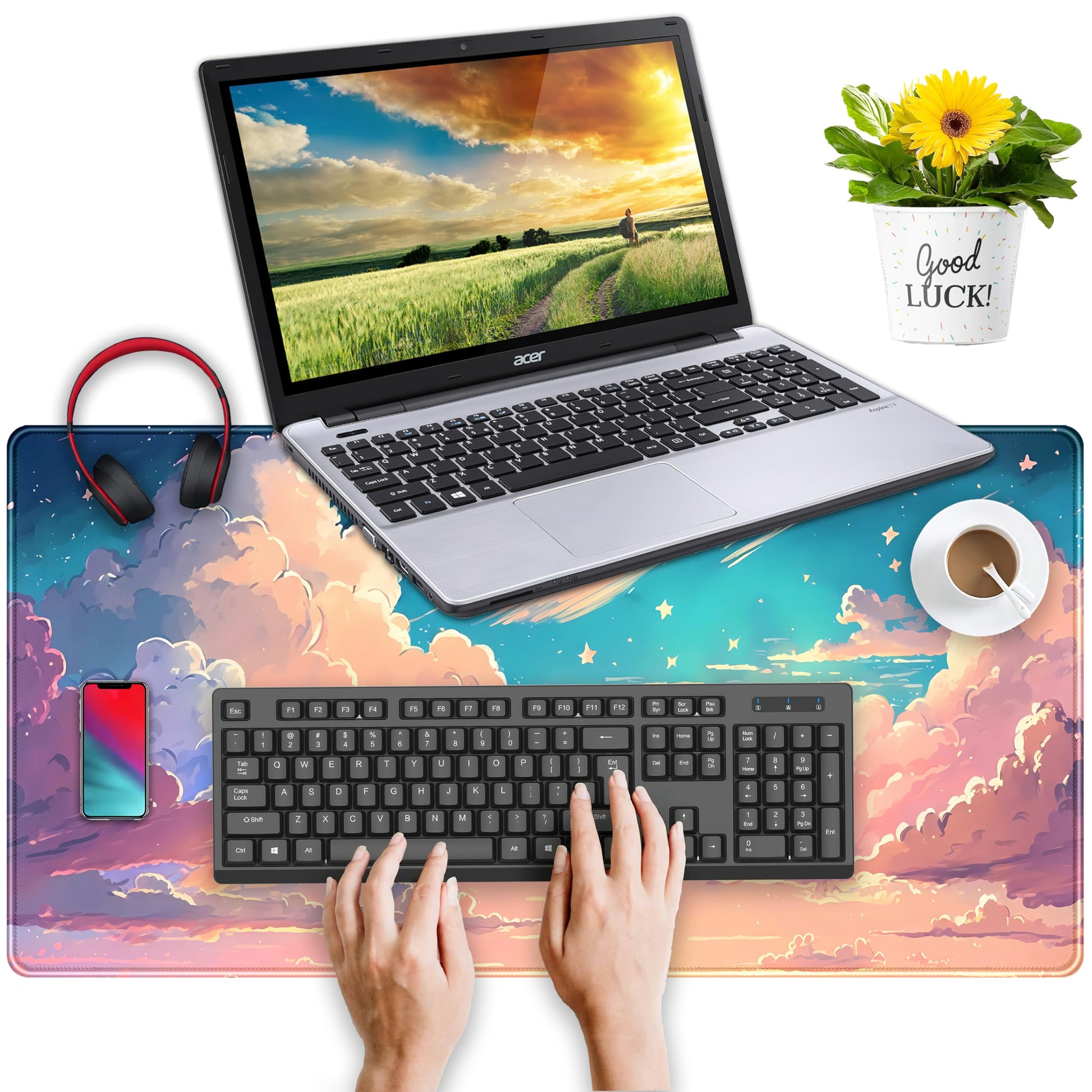Cool Pink Desk Mat Pastel Clouds Large XXL Gaming Mouse Pad Non-Slip Rubber Base Mousepad, Office