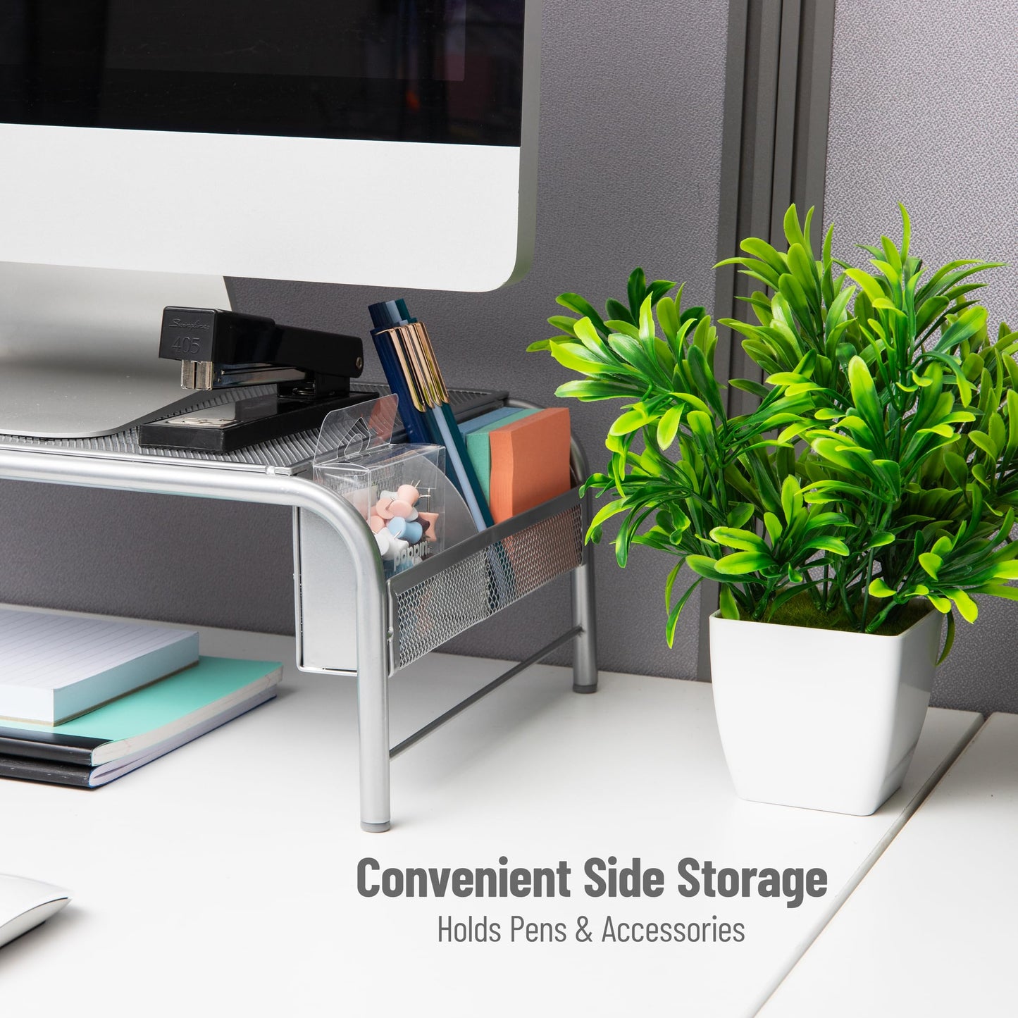Mind Reader Monitor Stand, Ventilated Laptop Riser, Desktop Organizer, Side Storage, Metal Mesh