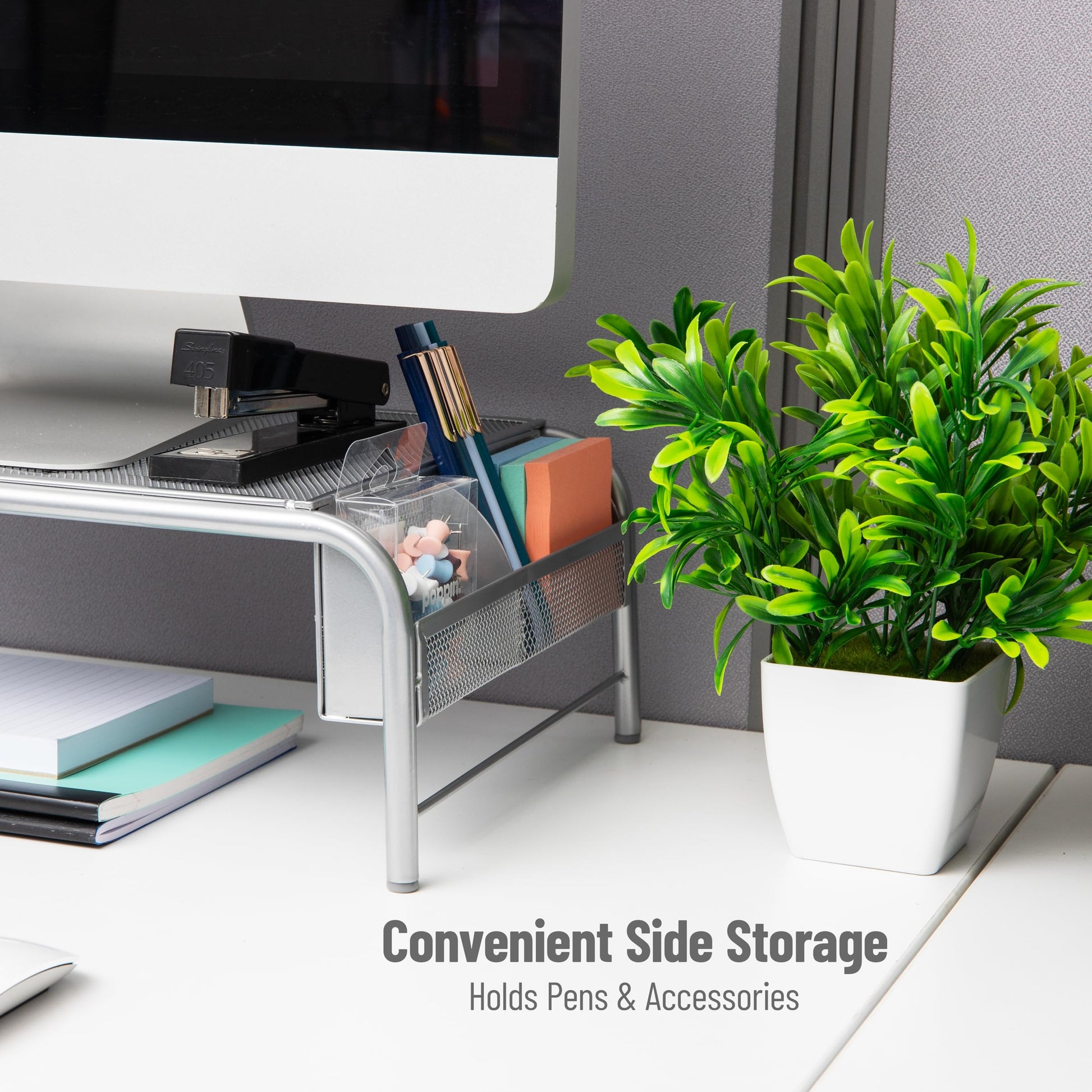 Mind Reader Monitor Stand, Ventilated Laptop Riser, Desktop Organizer, Side Storage, Metal Mesh