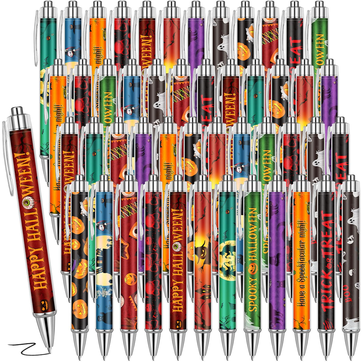 Cholemy 48 Pcs Halloween Pens Bulk Retractable Pumpkin Novelty Black Ink