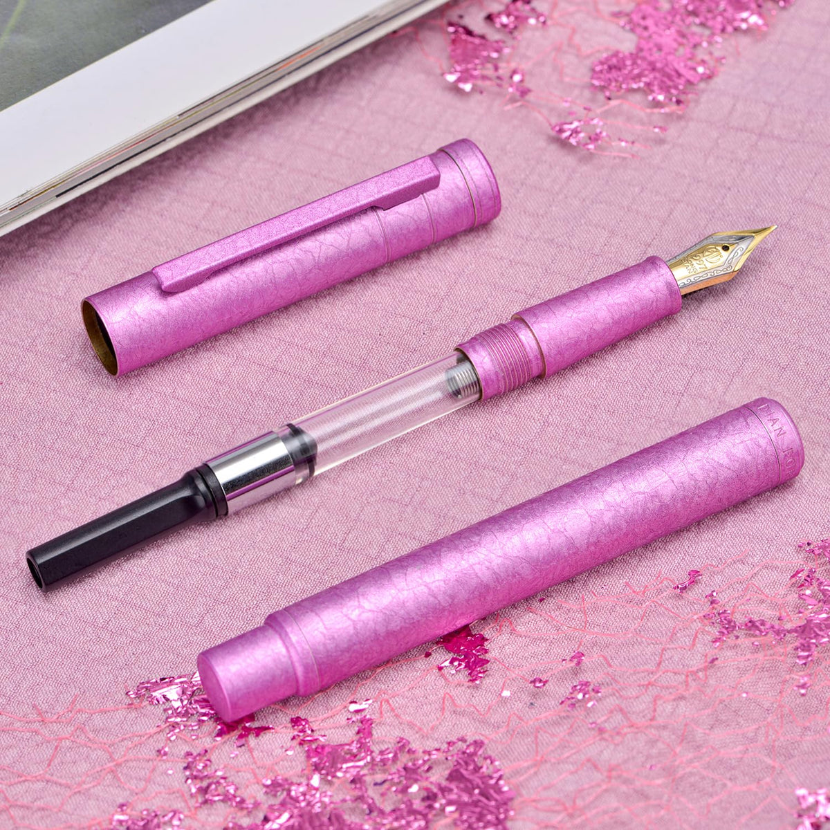 Hongdian 1851 Forest Fountain Pen Pink Ice Flowers, Fine Nib Classic Design with Converter and
