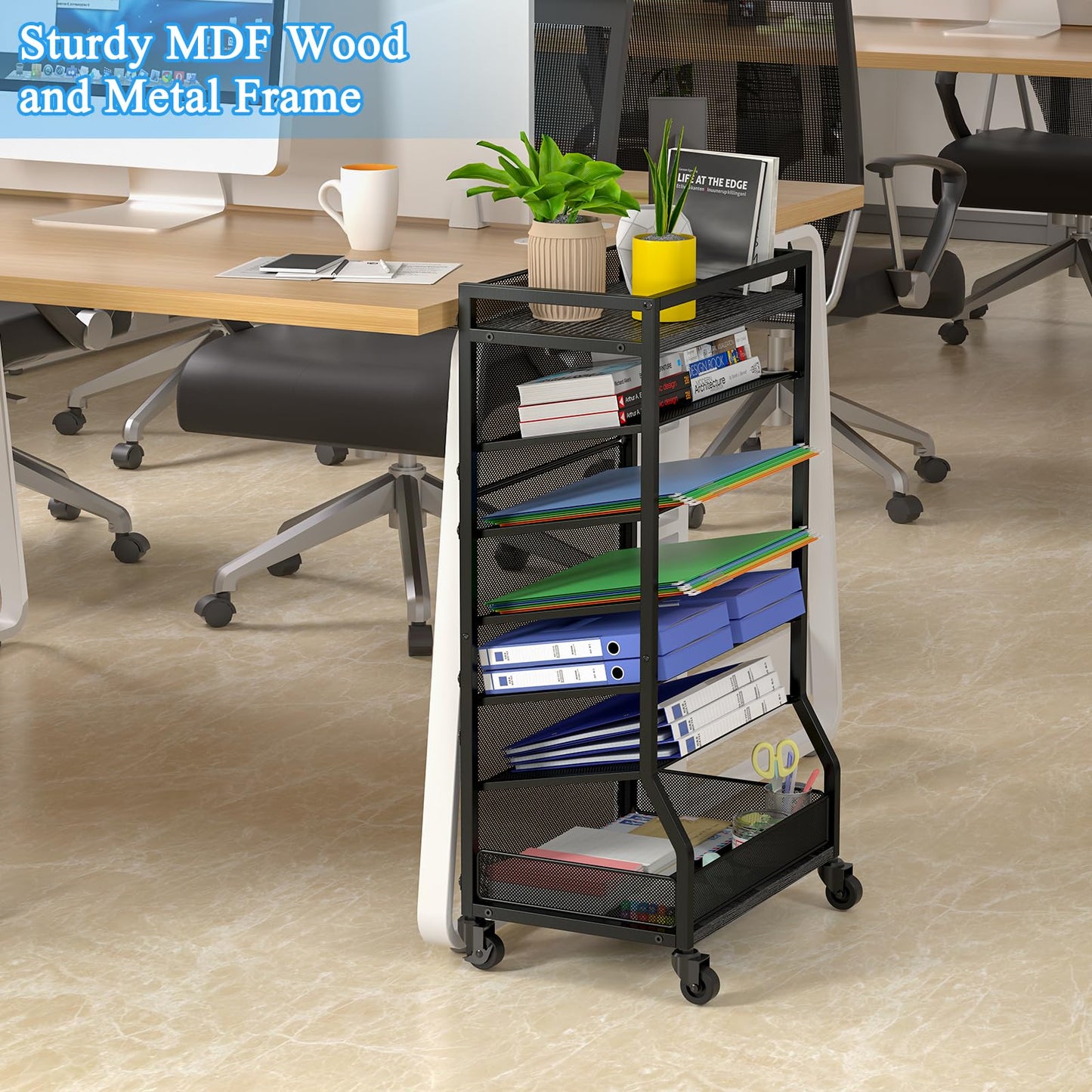 ThreeHio 7 Tier Rolling File Cart with Sliding Trays, Wood Metal File Organizer Beside Desk