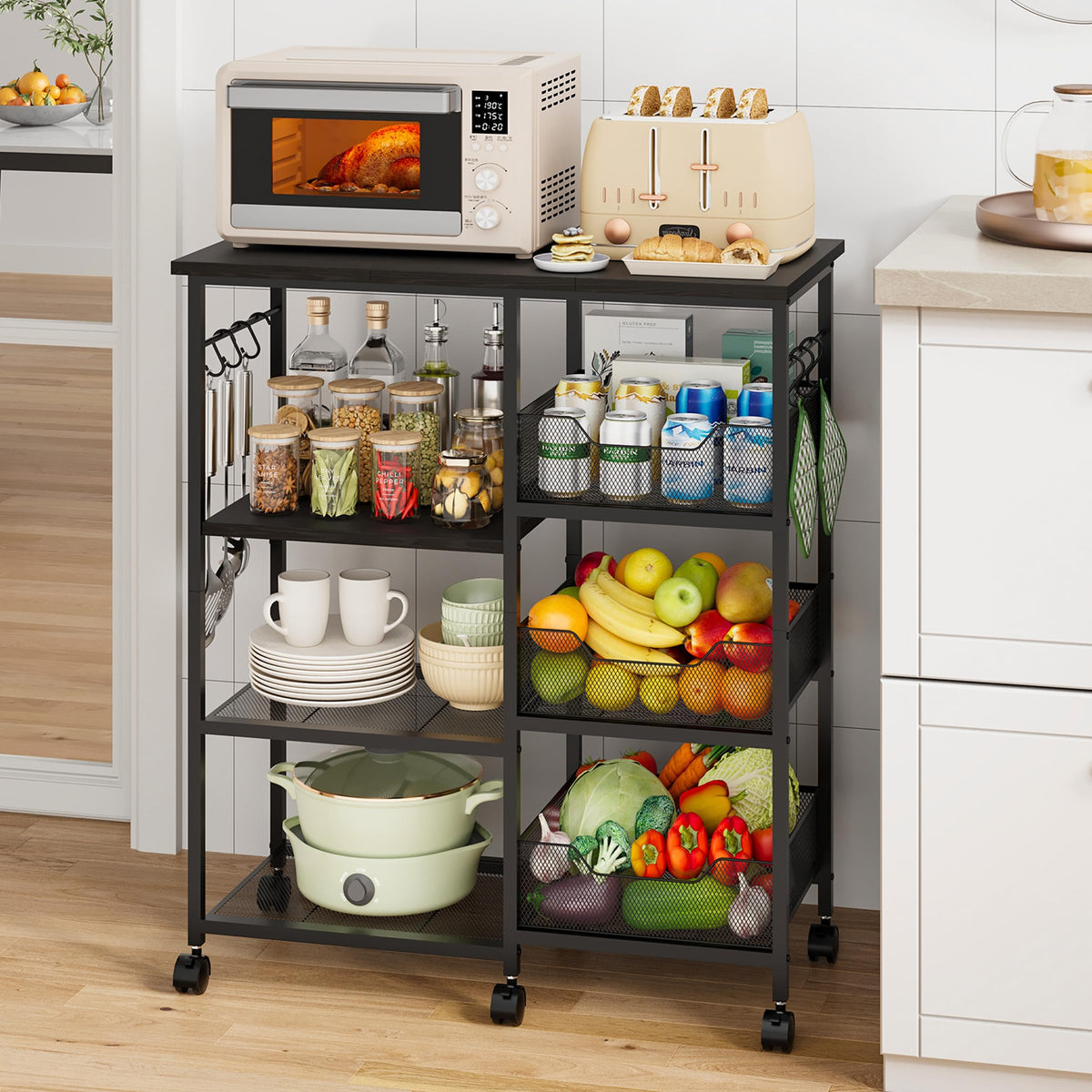 HapiRm Rolling Kitchen Carts with Storage - Microwave Table Stand with 6 Hooks & 3 Baskets, kitchen