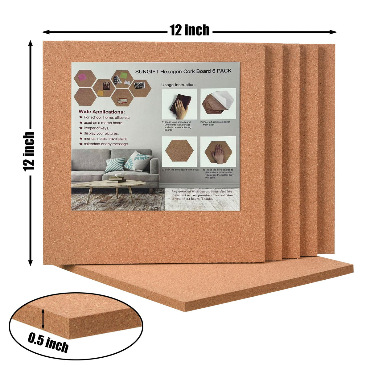 SUNGIFT Cork Board 12"x12" - 1/2 Inch Thick Self-Adhesive Tiles, 6 Pack