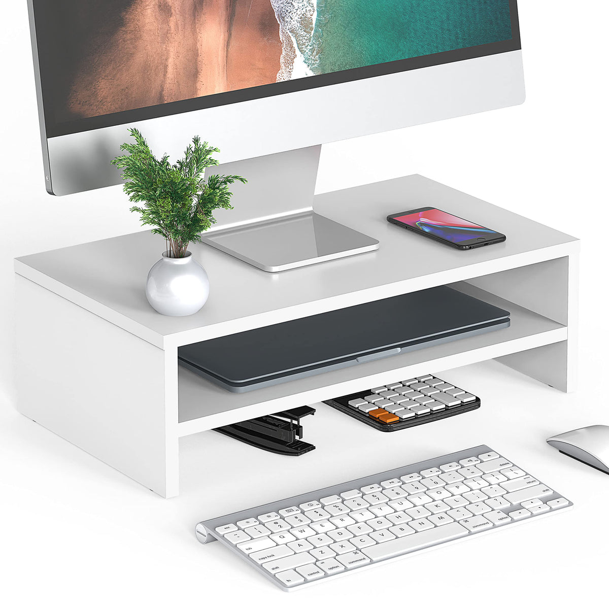 FITUEYES Wooden Monitor Stand Riser, 2-Tier Desk Storage Shelf, White