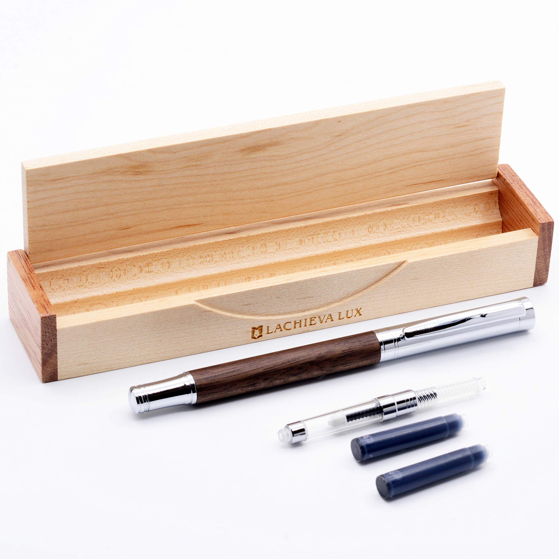 LACHIEVA LUX Walnut Fountain Pen, German Fine Nib, Smooth Ink Flow, Wooden Gift Box with Converter