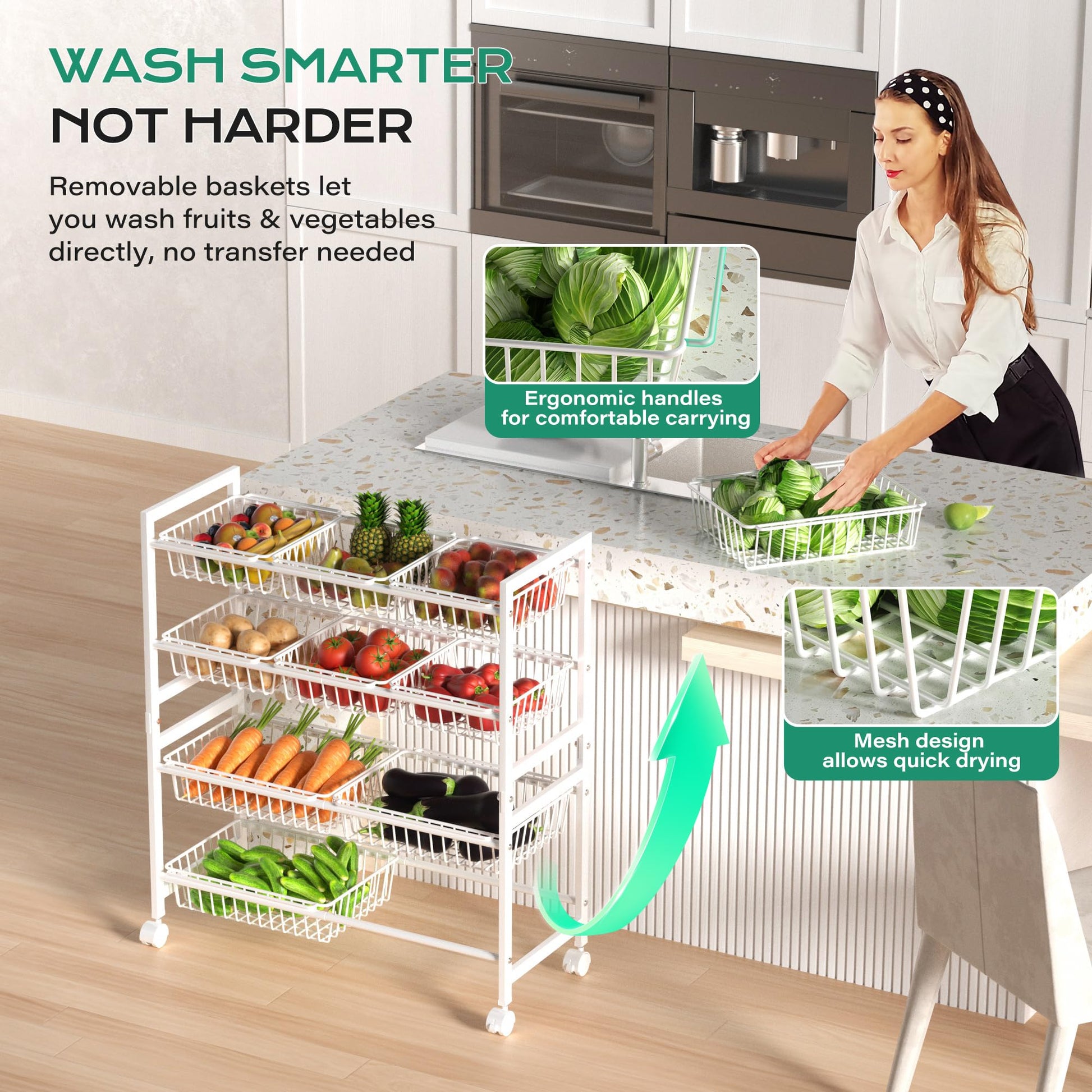Cinati 4-Tier Snack Cart with Wheels, 29''W Toy Storage Organizer, Rolling Pantry Storage Cart with