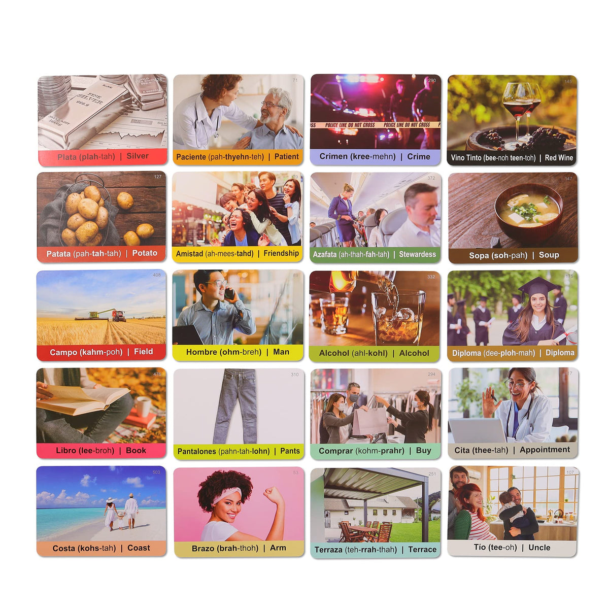 Spanish Vocabulary Cards for Kids & Adults Beginners - 276 Bilingual Study Cards 720 Words with