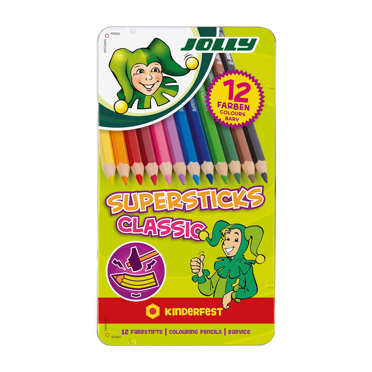 Jolly Supersticks Colored Pencils Tin Box of 12, Kinderfest 3.8mm Core
