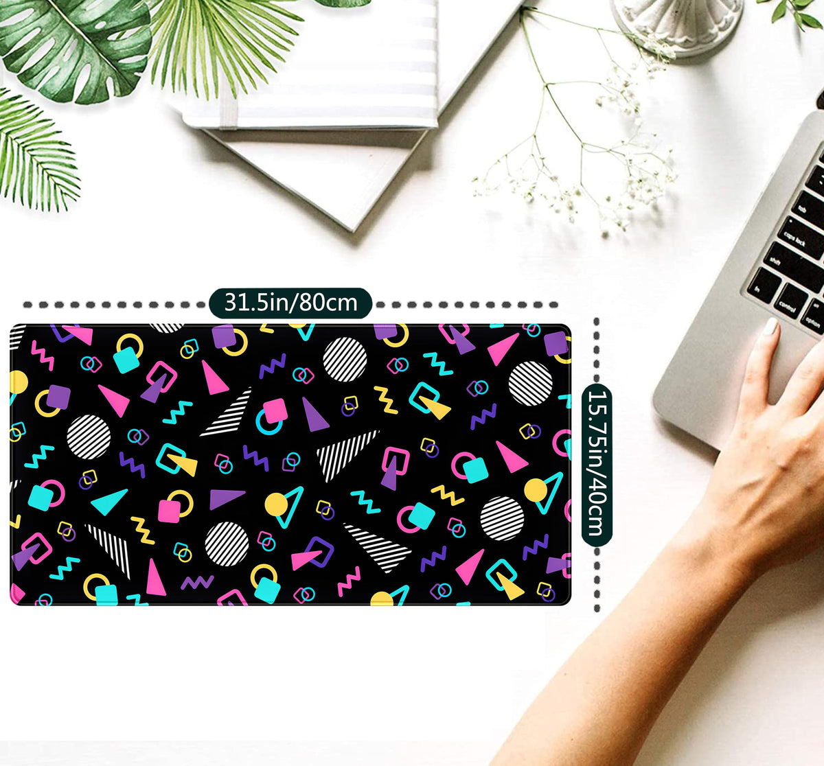 Retro 80s Desk Mat, Cute 90s XXL Large Gaming Mouse Pad, Black Boho Desk Pad with Stitched Edges