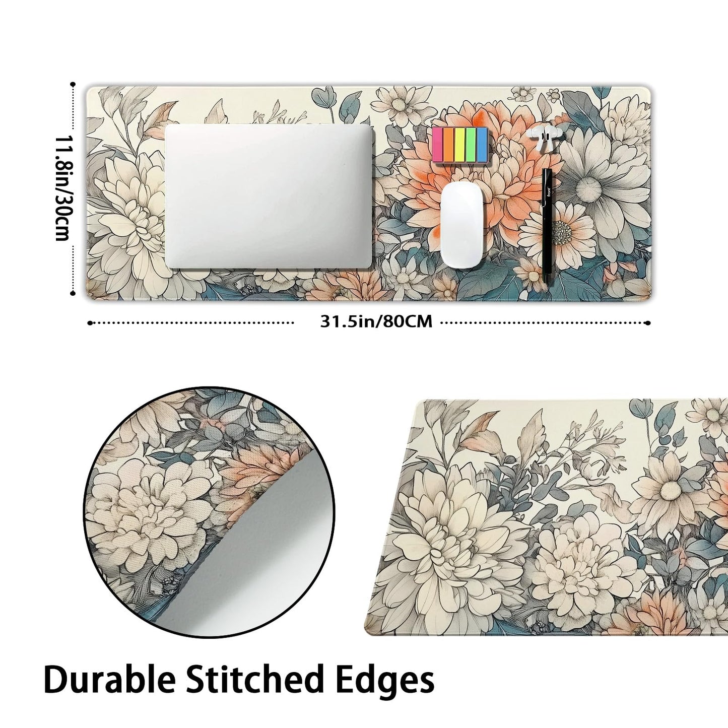 Japanese Aesthetic Floral Gaming Mouse Pad XL Vintage Orange White Flowers Extended Large Mat